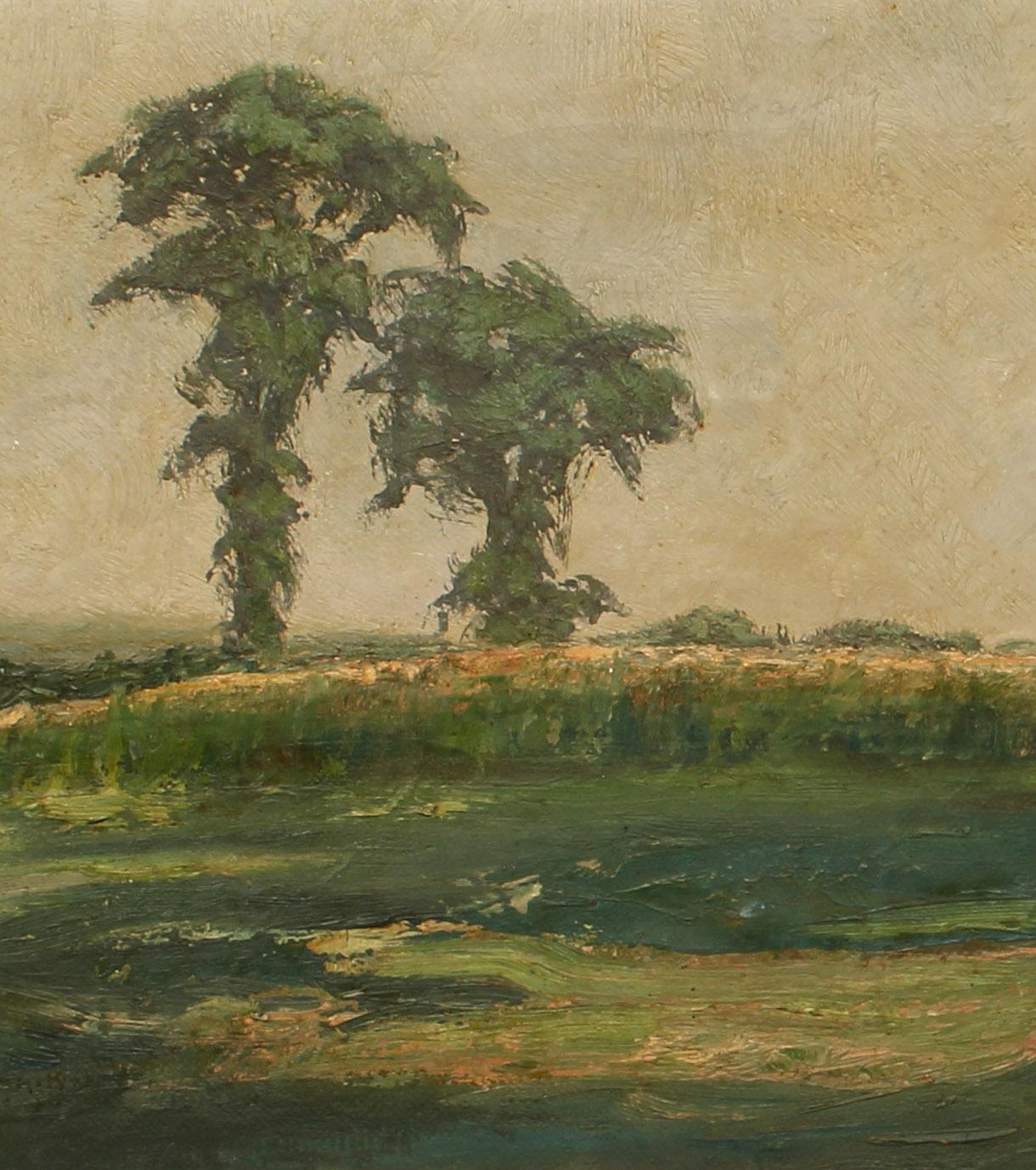 Unknown Artist (Signed Illegibly)
Untitled (Twin Trees at Dusk), early 20th century
Oil on canvas
Framed dimensions: 20.5 in. H × 25.5 in. W
Presented in an antique gilded frame

This evocative oil landscape, signed illegibly in the lower corner,
