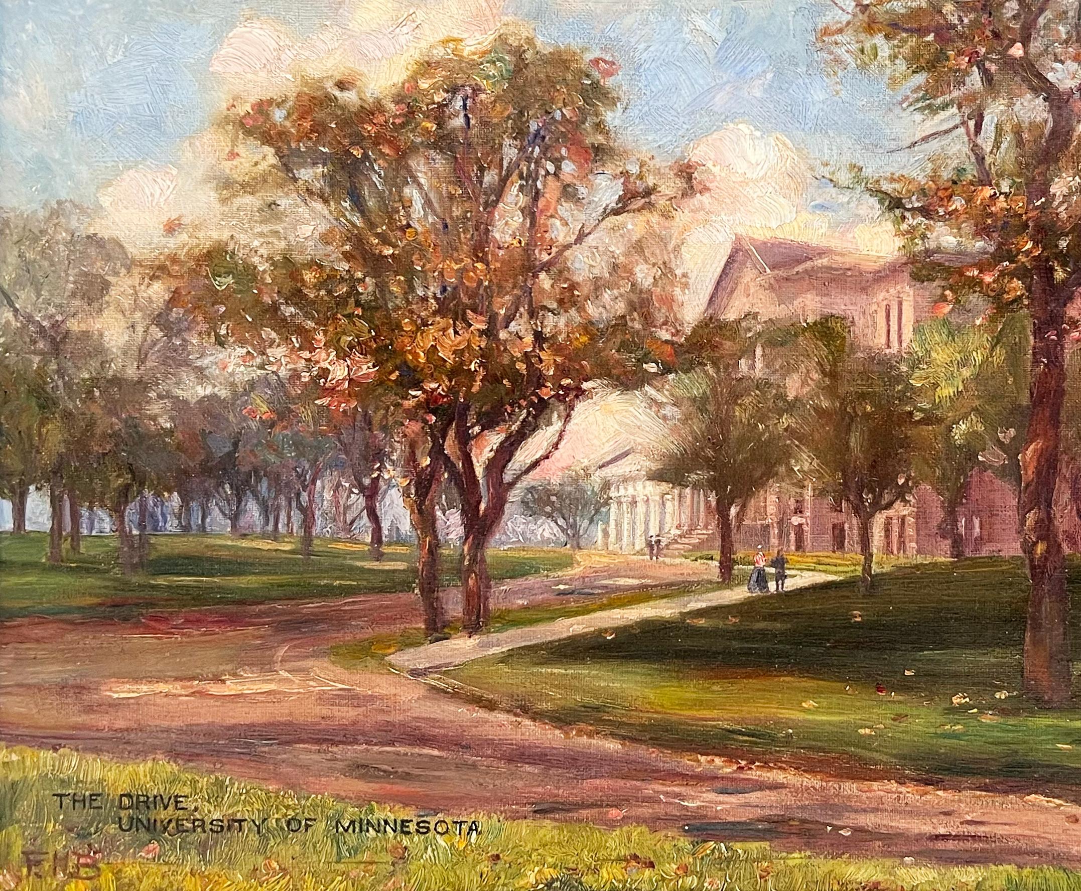Antique American Impressionist Oil Painting University of Minnesota Cityscape - Brown Landscape Painting by Unknown