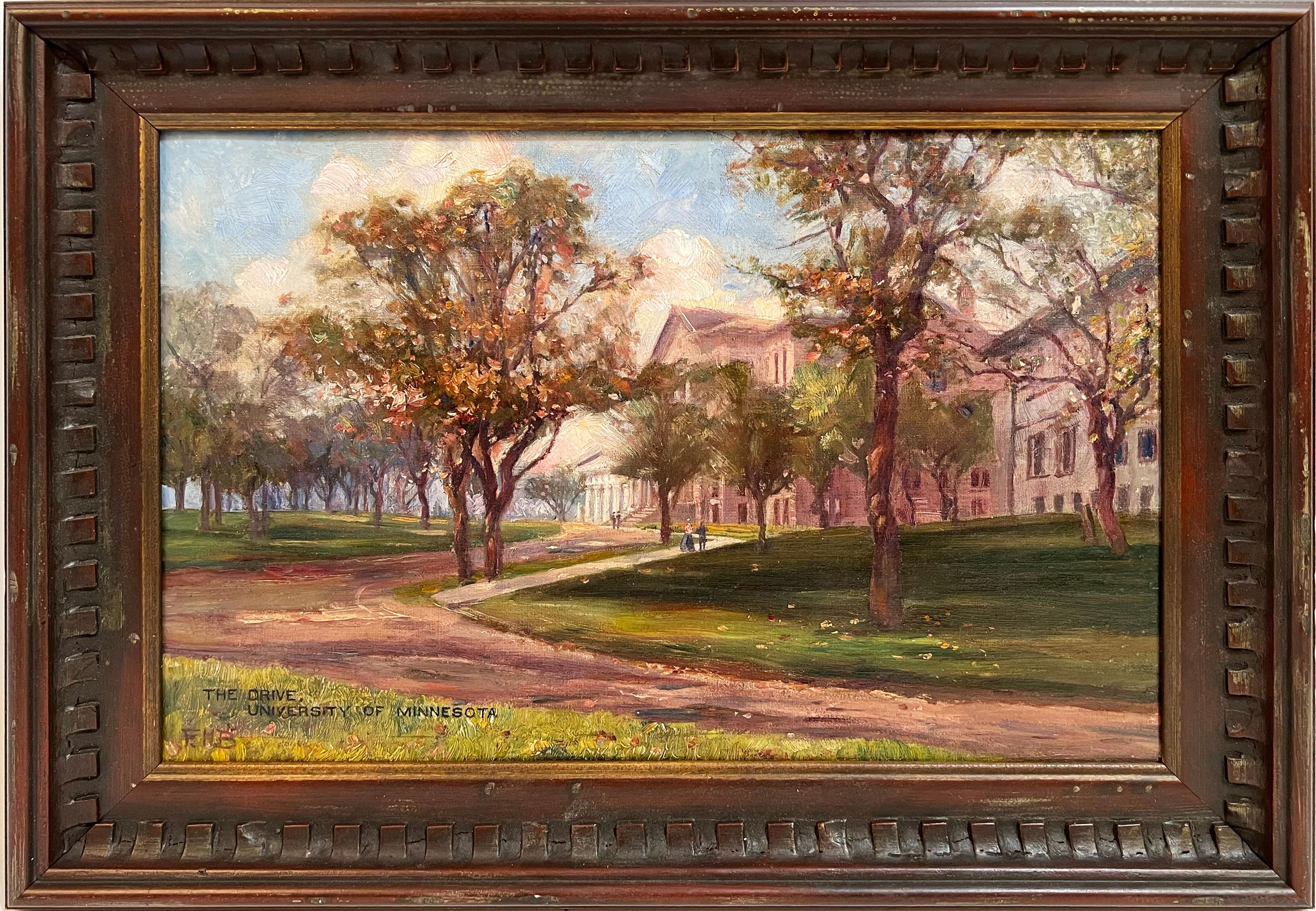 Unknown Landscape Painting - Antique American Impressionist Oil Painting University of Minnesota Cityscape