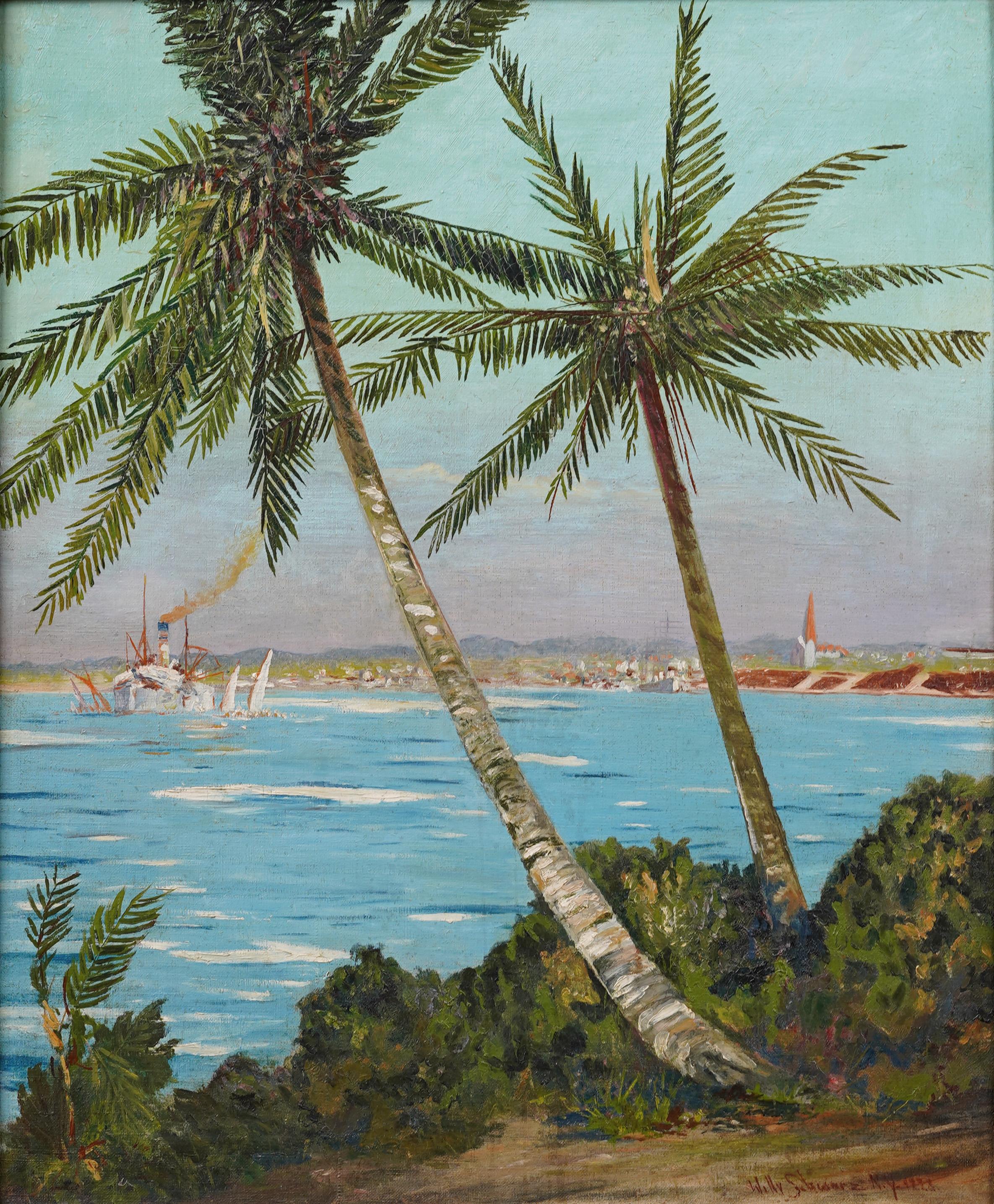Antiguo cuadro al óleo impresionista americano Viejo puerto de Florida Palmera tropical - Painting de Unknown