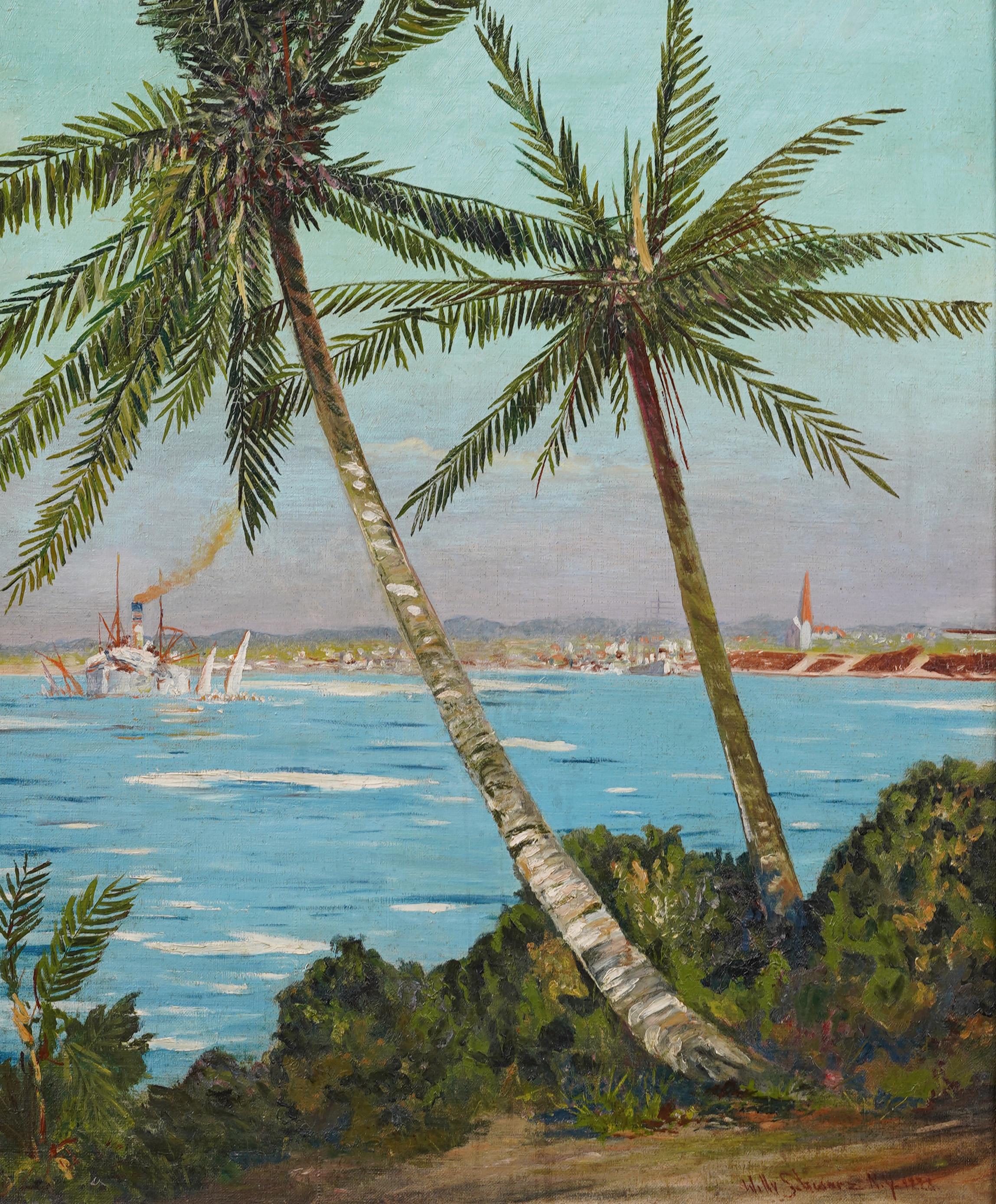 Antiguo cuadro al óleo impresionista americano Viejo puerto de Florida Palmera tropical - Painting Impresionista de Unknown