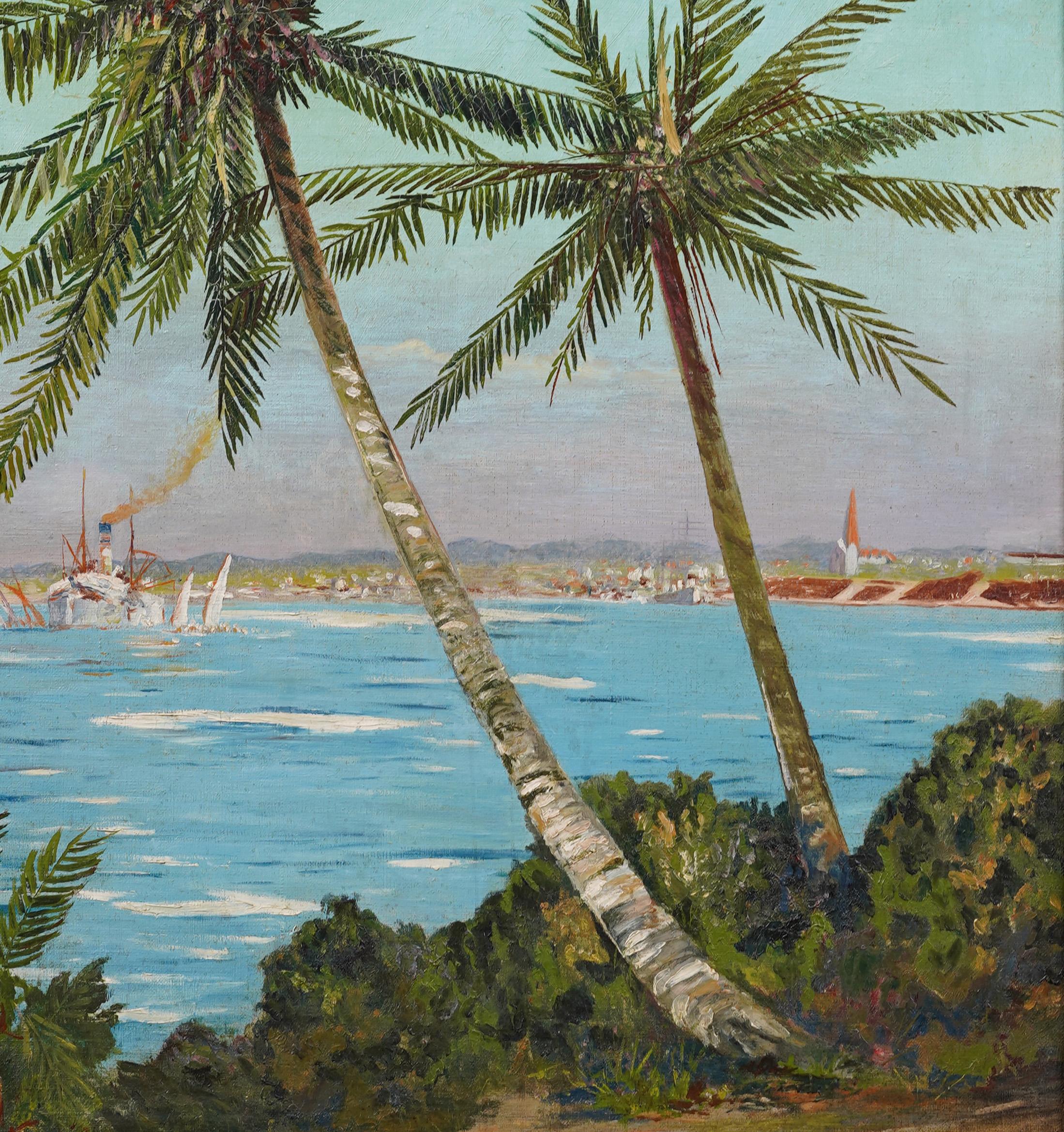 Antiguo cuadro al óleo impresionista americano Viejo puerto de Florida Palmera tropical - Landscape Painting Gris de Unknown