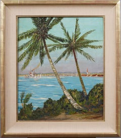 Antiguo cuadro al óleo impresionista americano Viejo puerto de Florida Palmera tropical