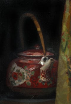 Antique American Impressionist Painting Teapot Framed Red, White, Gold Framed