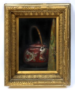 Antique American Impressionist Painting Teapot Framed Red, White, Gold Framed