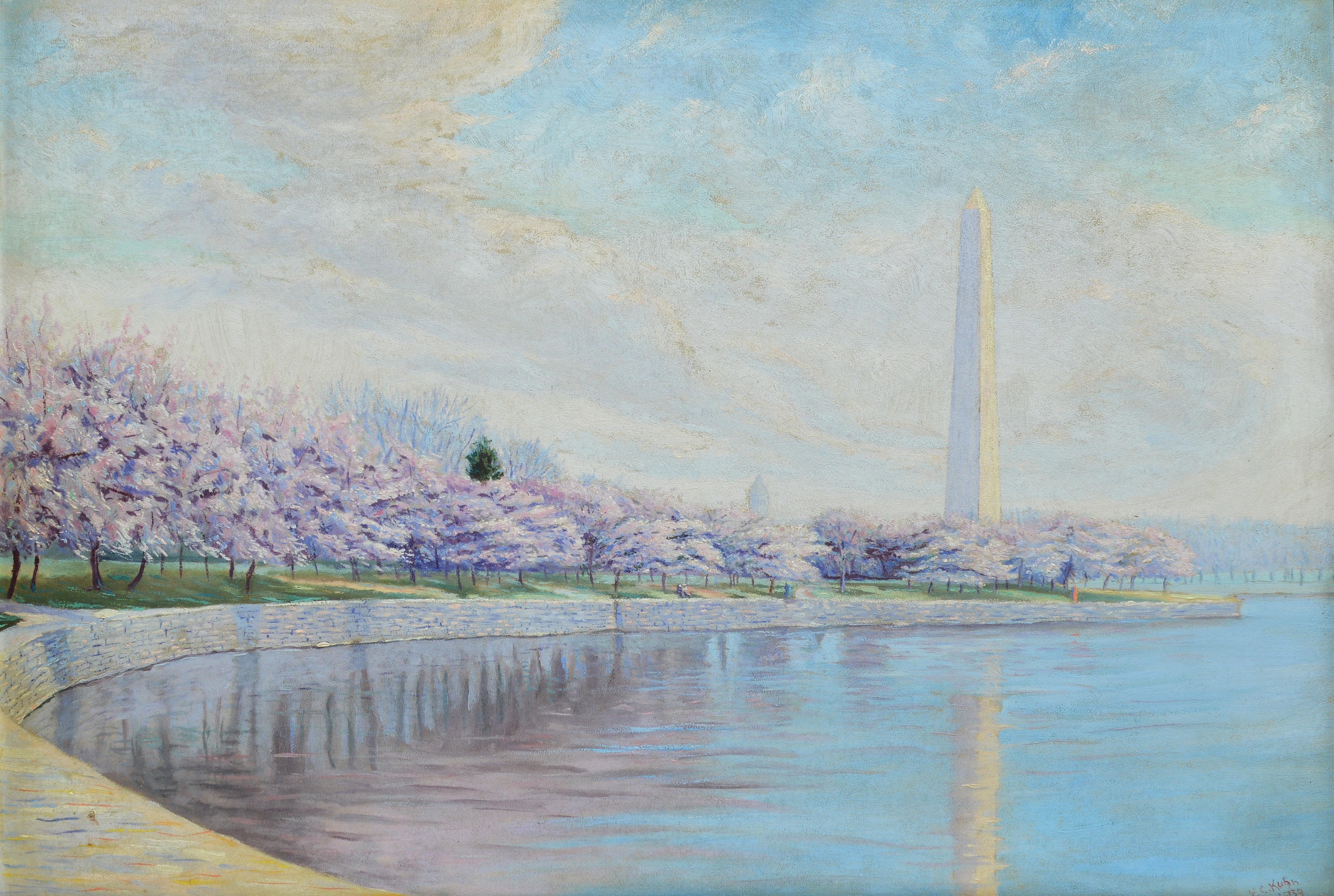 Antique American Impressionist Painting, Washington Monument with Cherry Blossom - Gray Landscape Painting by Unknown