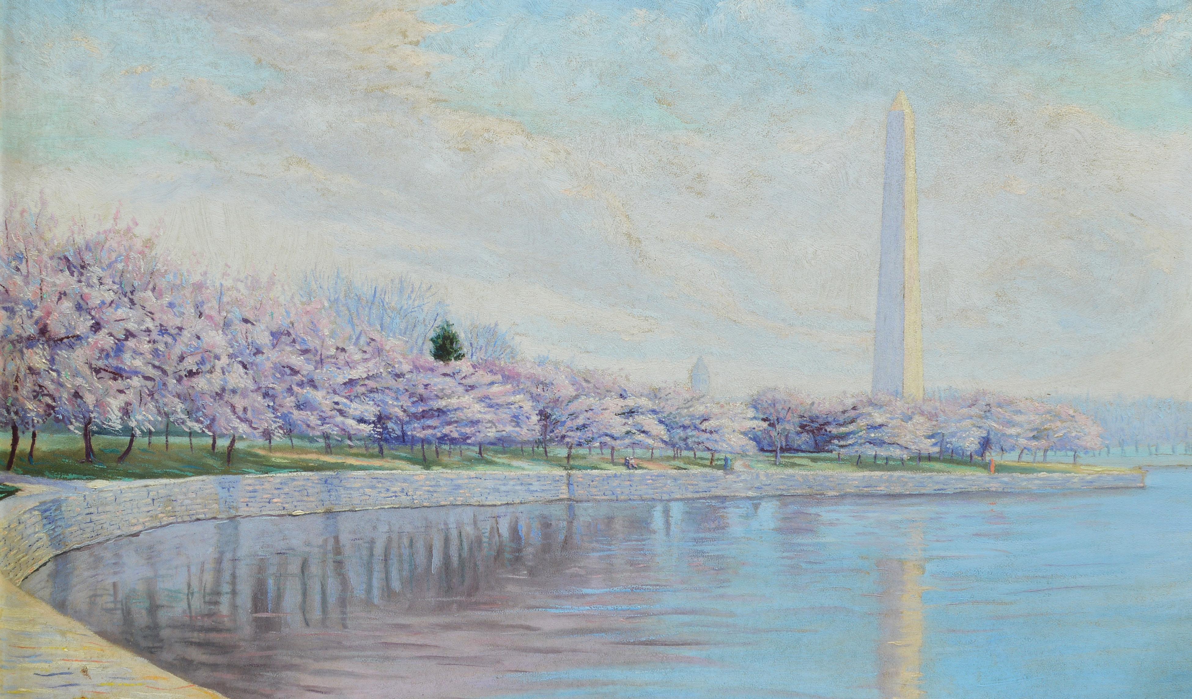 Antique impressionist oil painting of the Washington Monument with Cherry Blossoms.  Oil on board, circa 1939. Signed.  Displayed in a period giltwood frame.  Image, 23