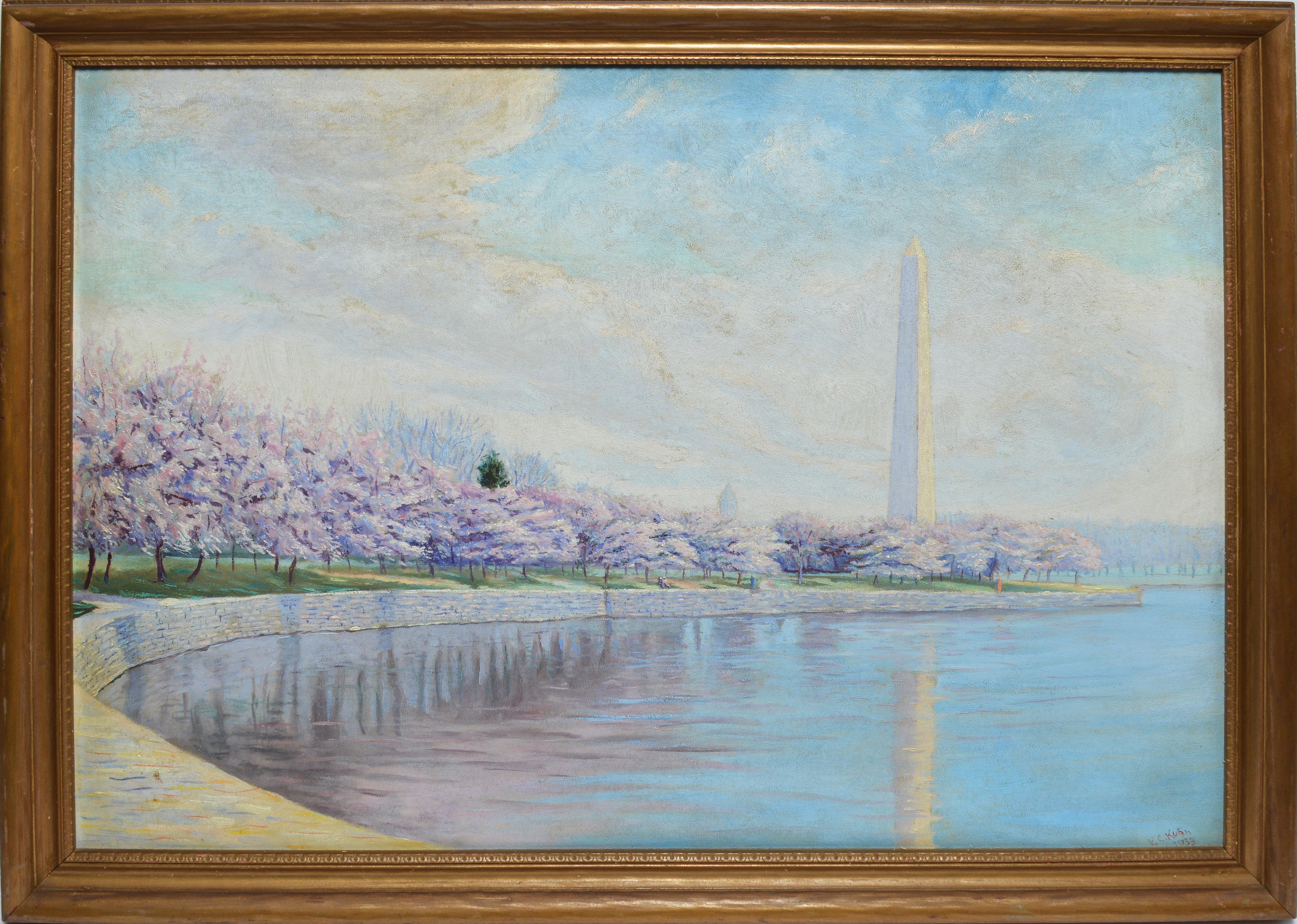 Unknown Landscape Painting - Antique American Impressionist Painting, Washington Monument with Cherry Blossom