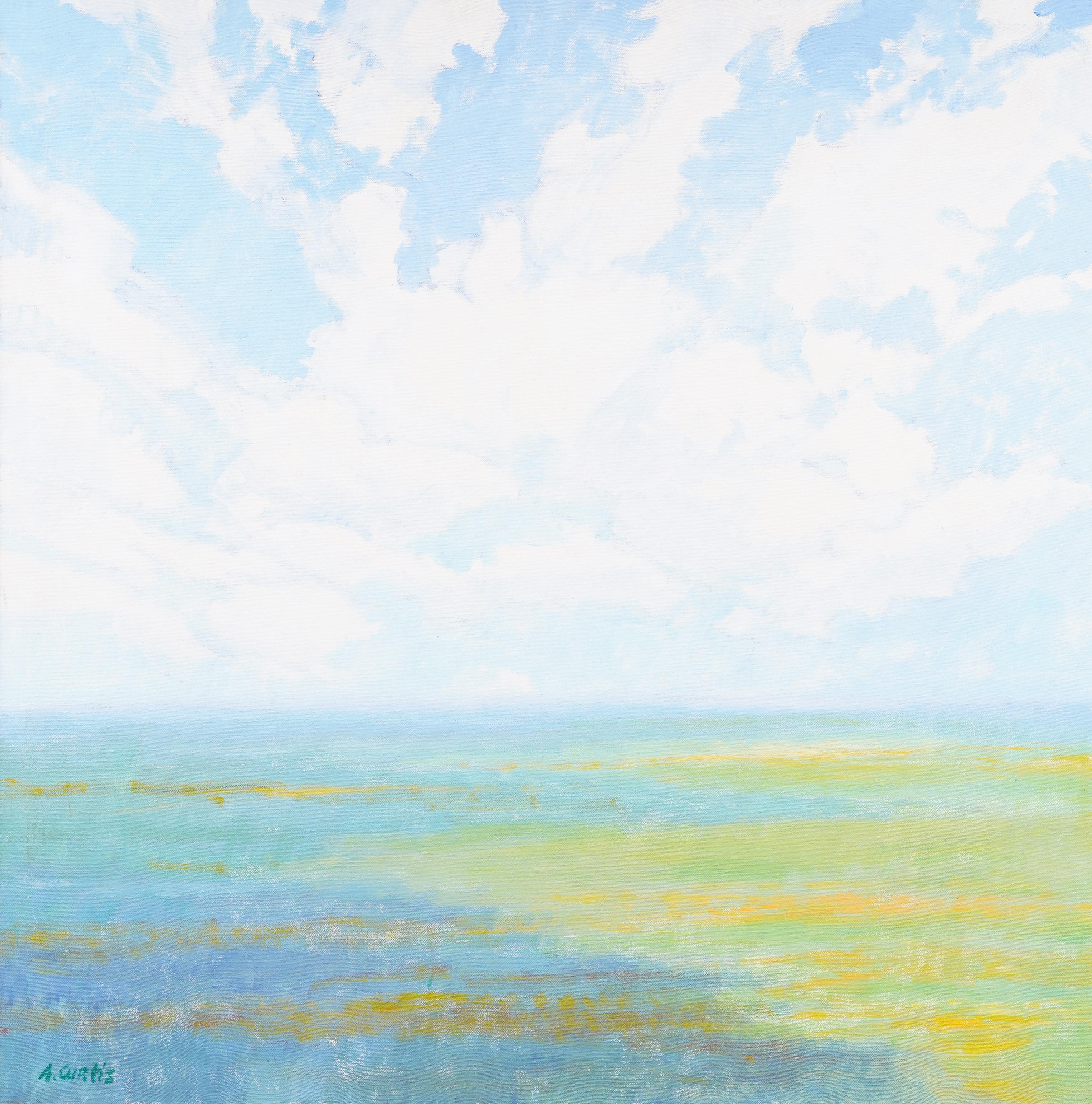 Paysage impressionniste du milieu du siècle joliment peint avec des nuages gonflés.  Huile sur toile.  Encadré.  Signé.