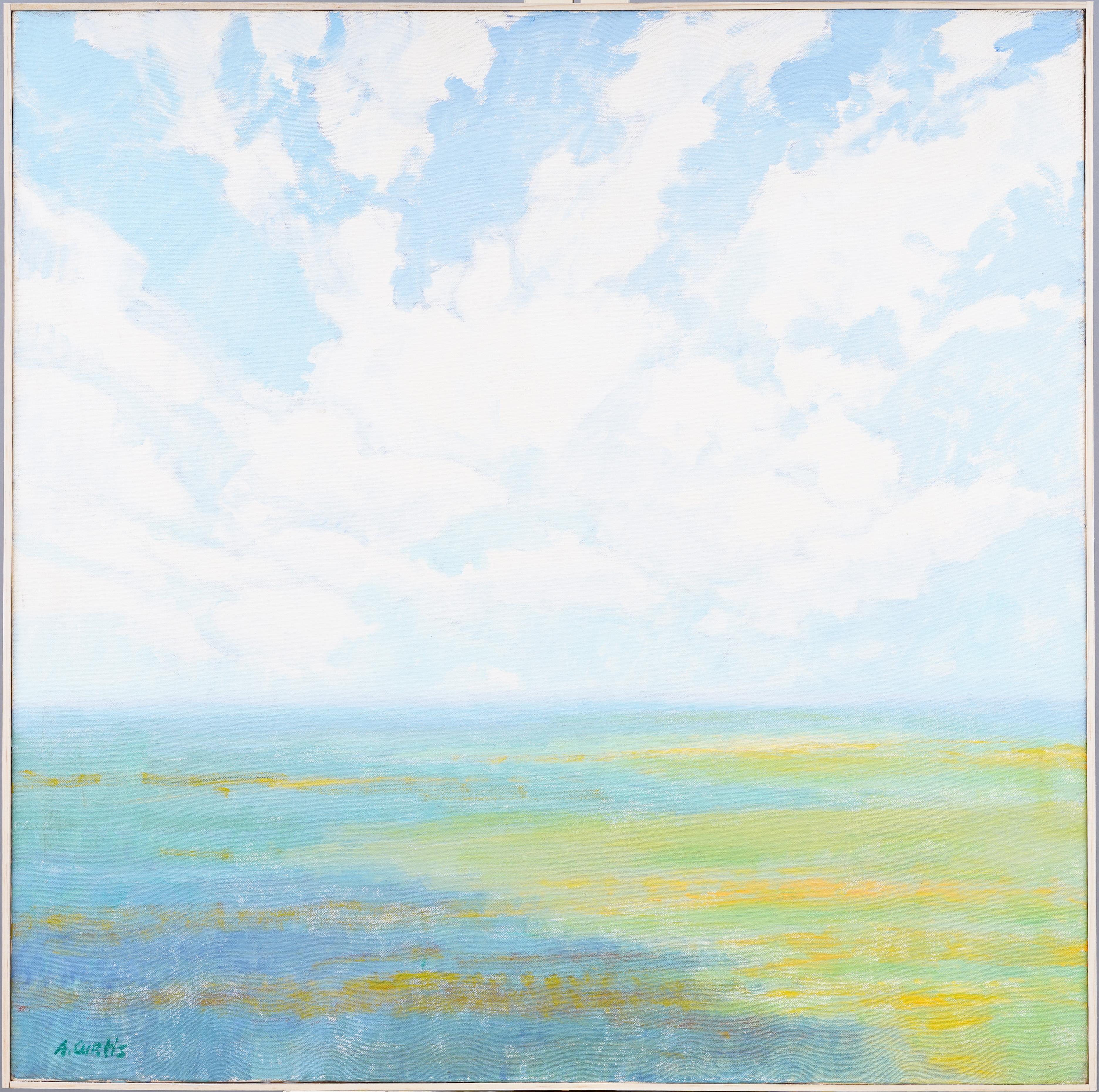 Landscape Painting Unknown - Grande peinture à l'huile impressionniste américaine ancienne, encadrée d'un paysage nuageux