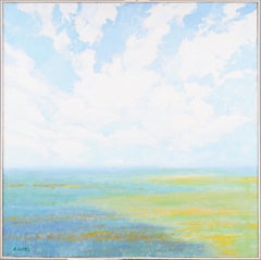 Grande peinture à l'huile impressionniste américaine ancienne, encadrée d'un paysage nuageux