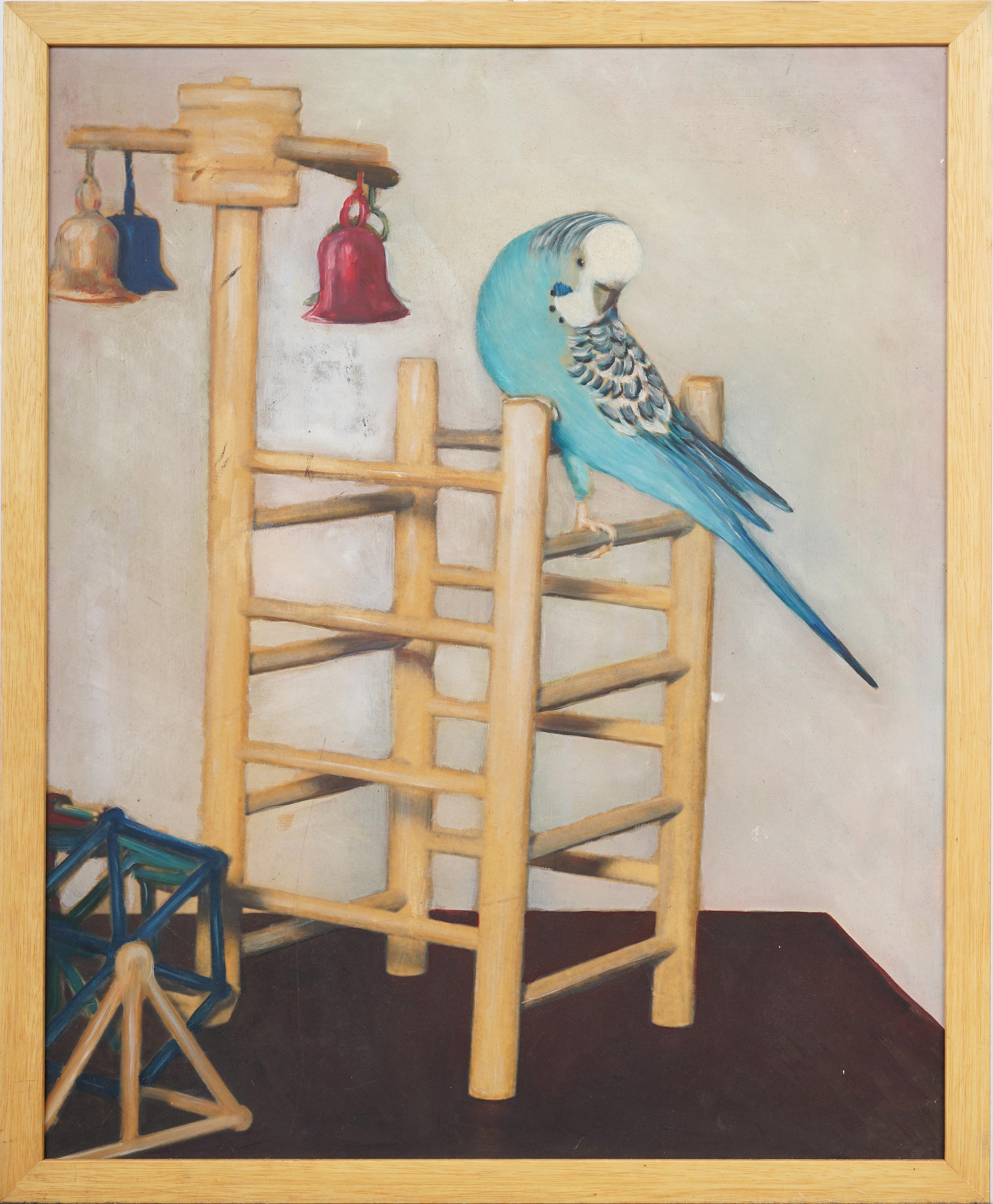 Antico dipinto impressionista americano con ritratto di pappagallo e scena interna incorniciata - Painting di Unknown