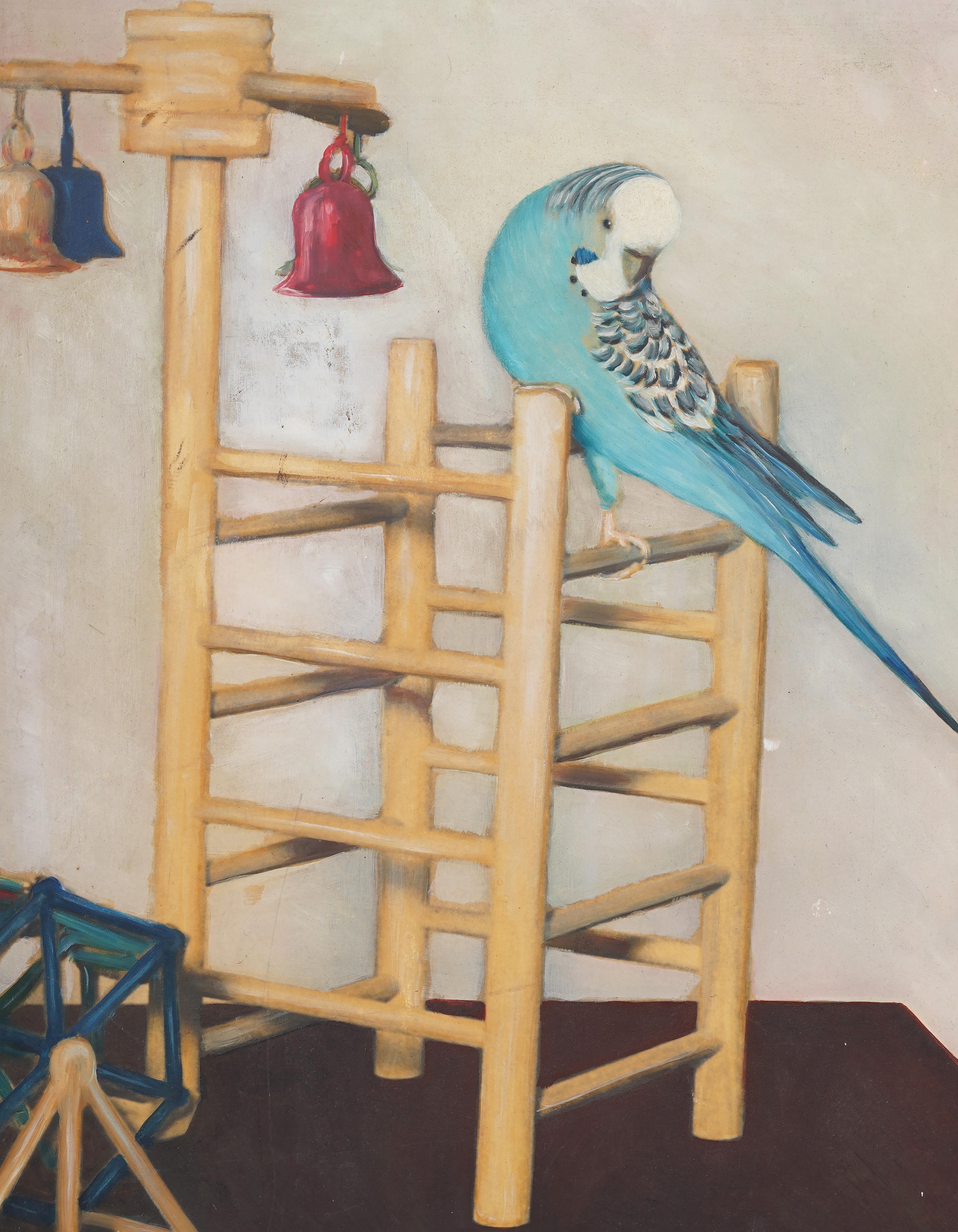 Antico dipinto impressionista americano con ritratto di pappagallo e scena interna incorniciata - Animal Painting Beige di Unknown