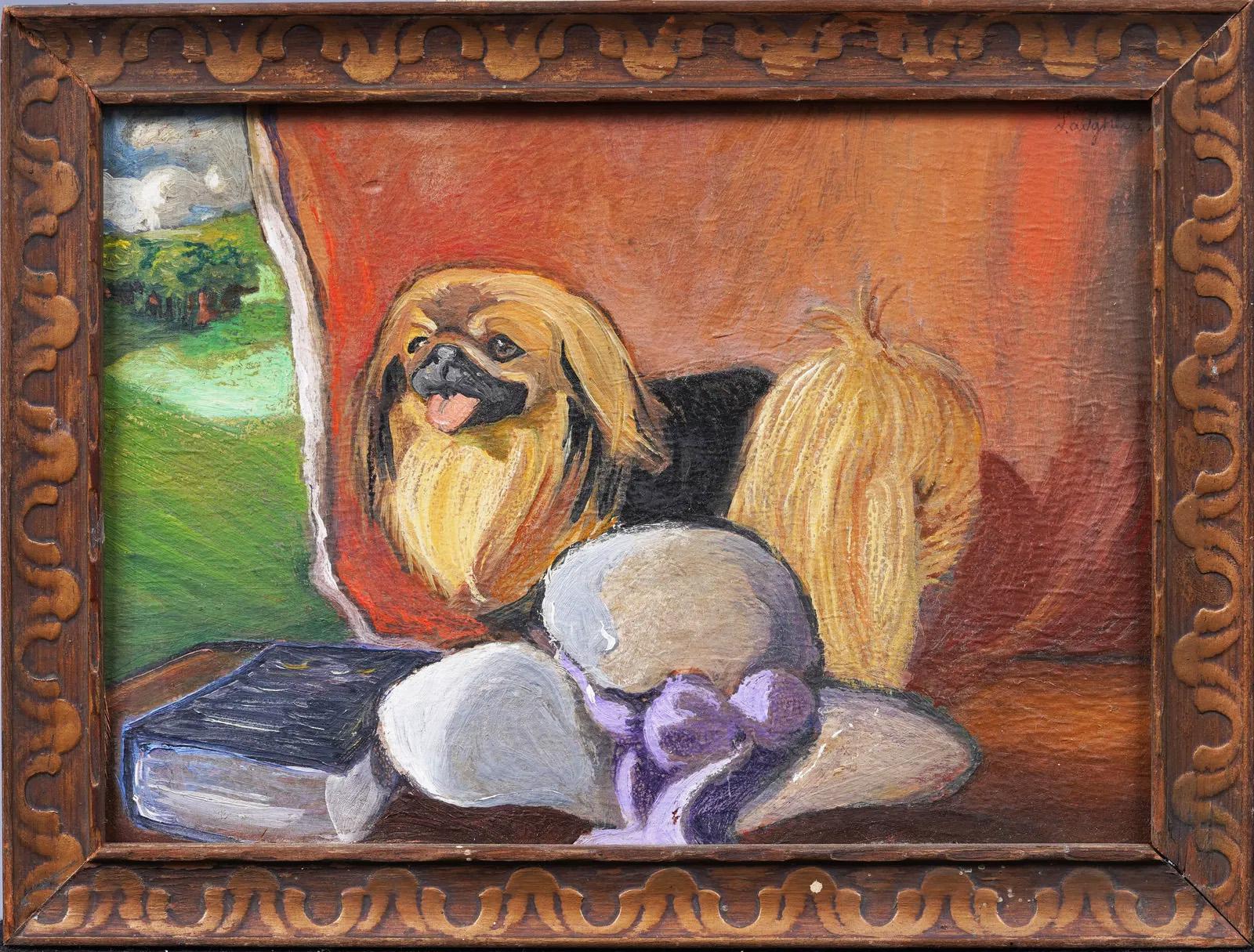Antique American Impressionist Pekingese Dog Portrait Signed Framed Oil Painting - Brown Landscape Painting by Unknown