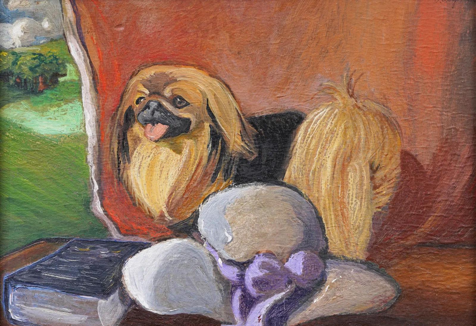 Antique American dog portrait oil painting. Oil on board. Signed. Framed. Measuring 8 by 10 inches overall and 6.5 by 9 painting alone.