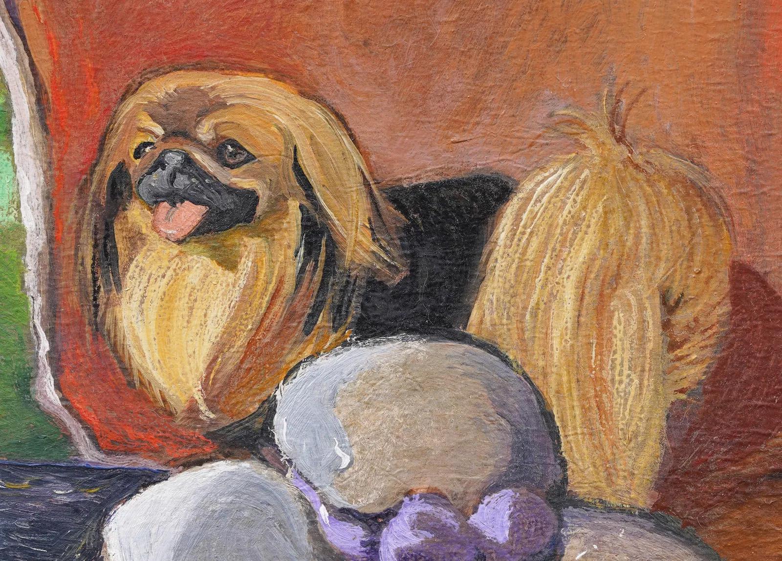 Antique American Impressionist Pekingese Dog Portrait Signed Framed Oil Painting For Sale 1