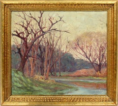 Antiguo cuadro al óleo impresionista americano plein air marco de época rosa púrpura