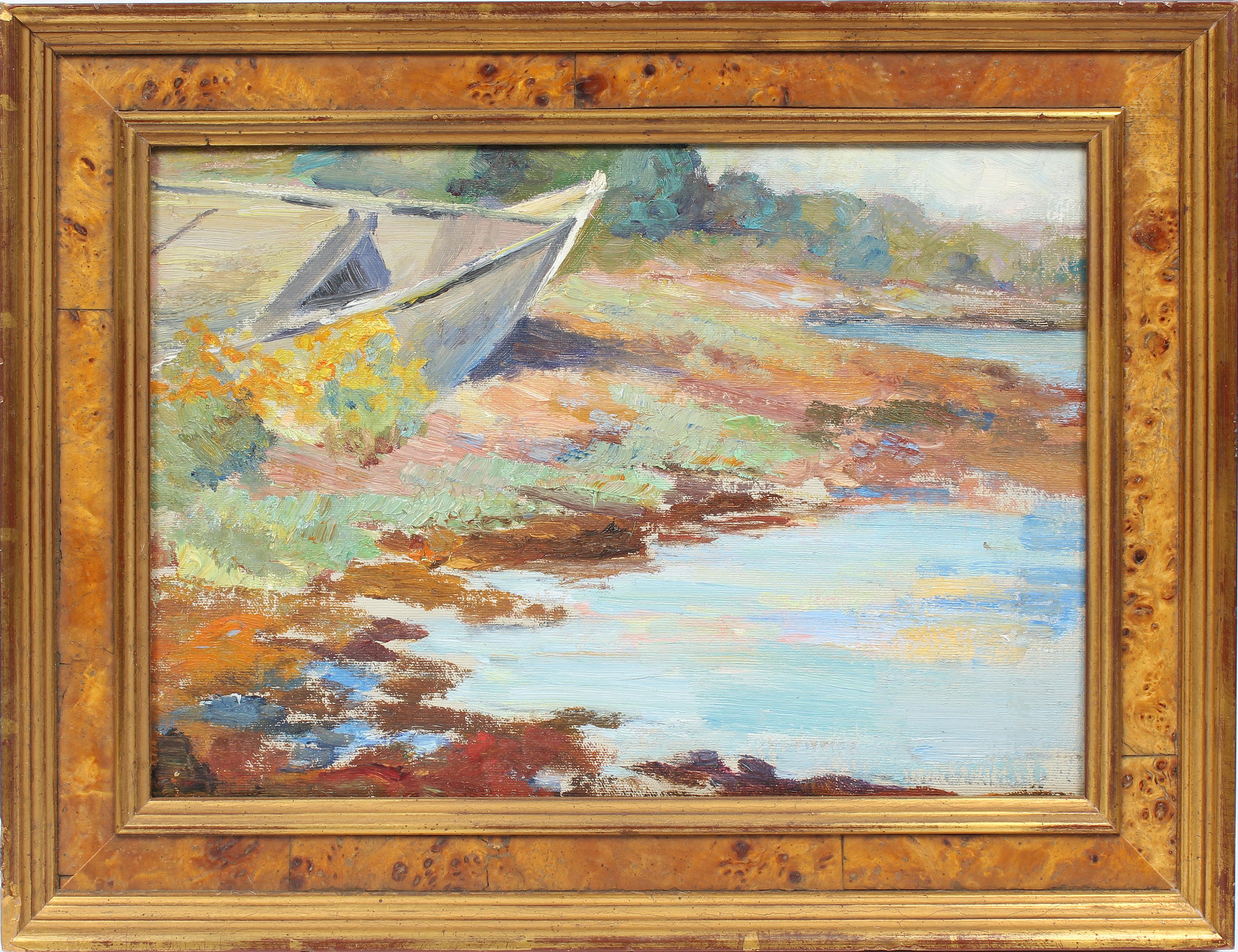 Unknown Landscape Painting - Antique American Impressionist Pleine Air Lake Sketch Summer Day Oil Painting