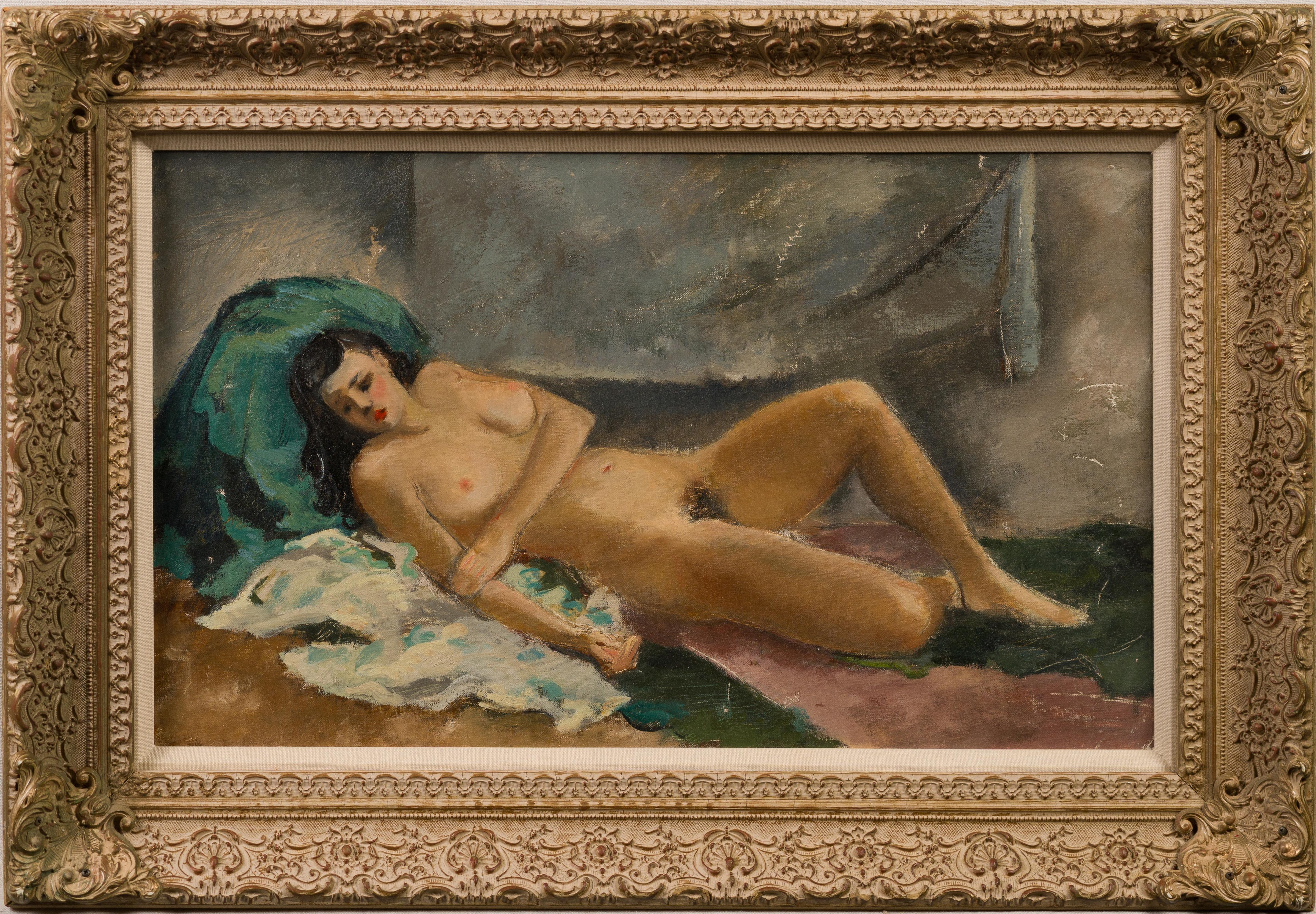 Antique American interior nude portrait oil painting.  Oil on canvas.  Framed.  Signed on verso.  