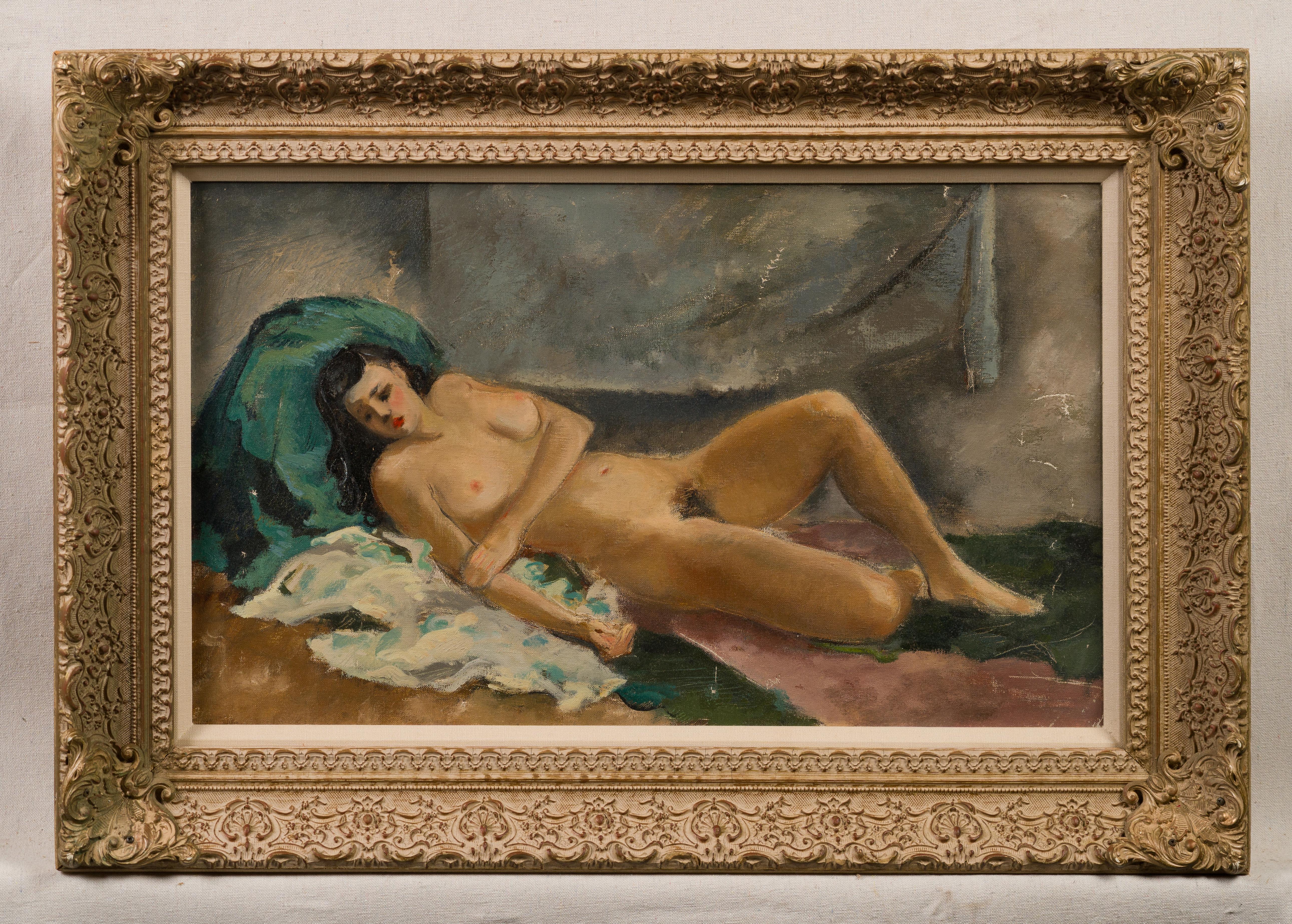 Antique American Impressionist Reclining Nude Woman Portrait Framed Oil Painting For Sale 1