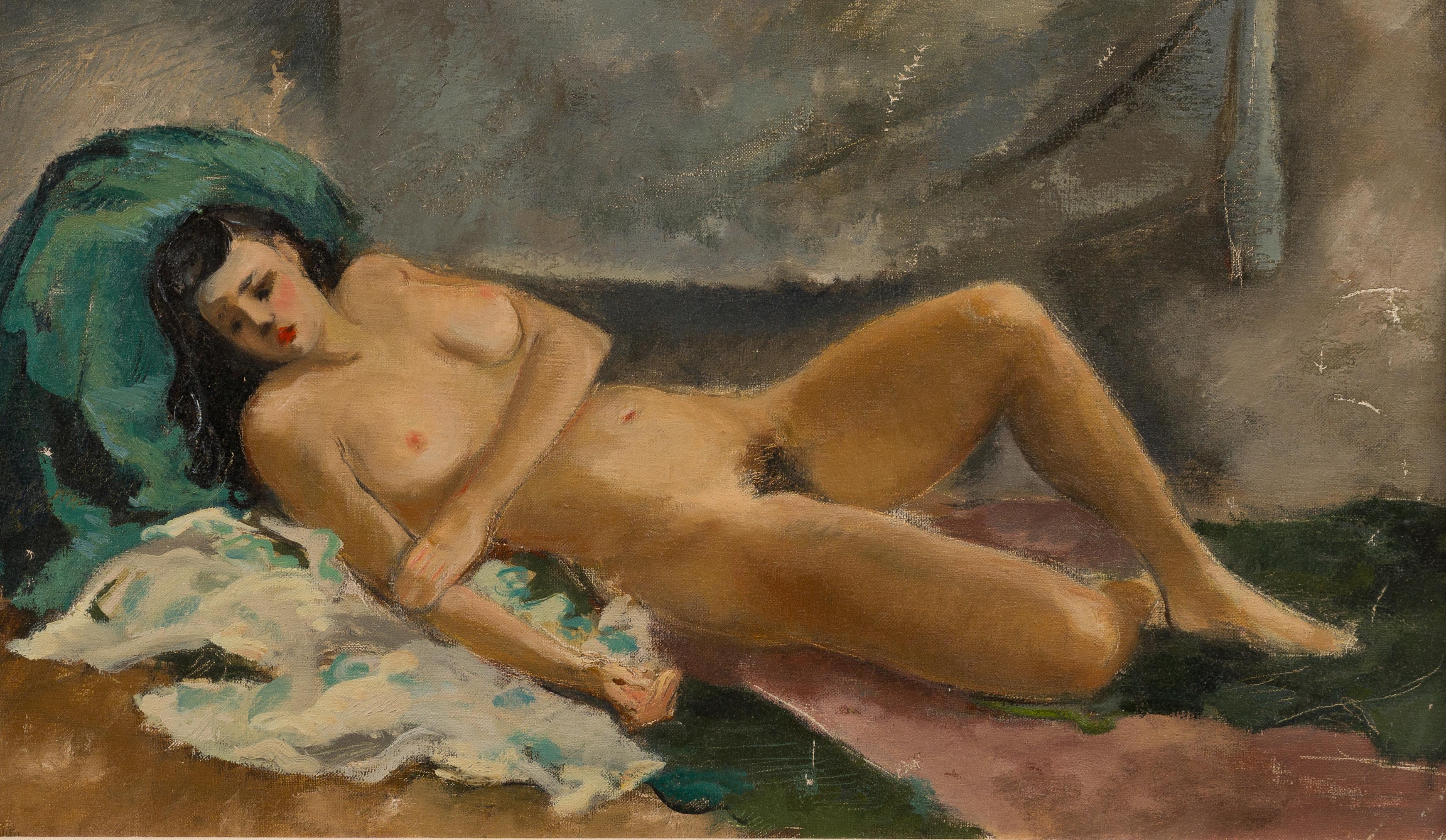 Antikes amerikanisches impressionistisches gerahmtes Ölgemälde, liegende, nackte, nackte Frau, Porträt, gerahmt im Angebot 1