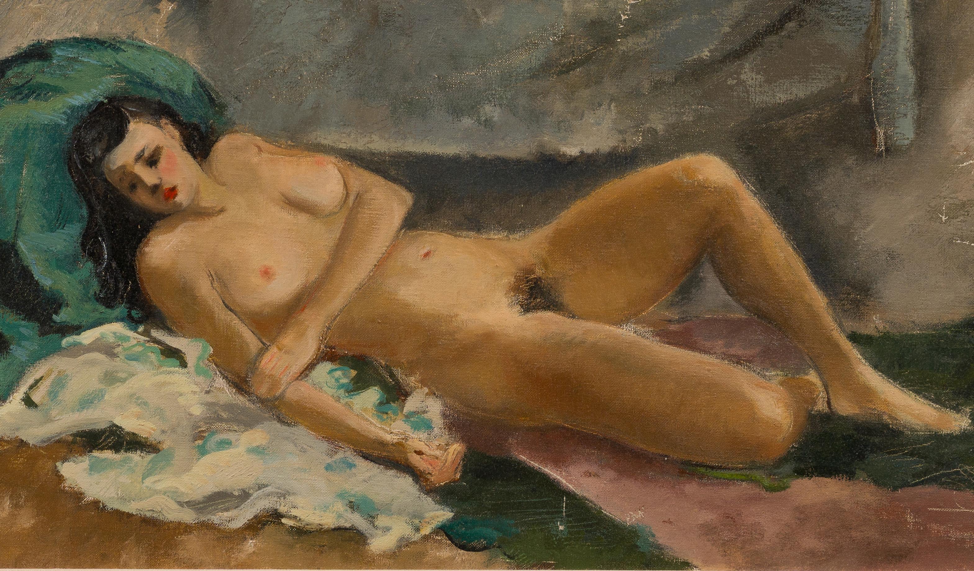 Antikes amerikanisches impressionistisches gerahmtes Ölgemälde, liegende, nackte, nackte Frau, Porträt, gerahmt im Angebot 2