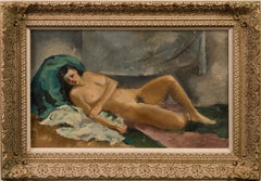Antique American Impressionist Reclining Nude Woman Portrait Framed Oil Painting