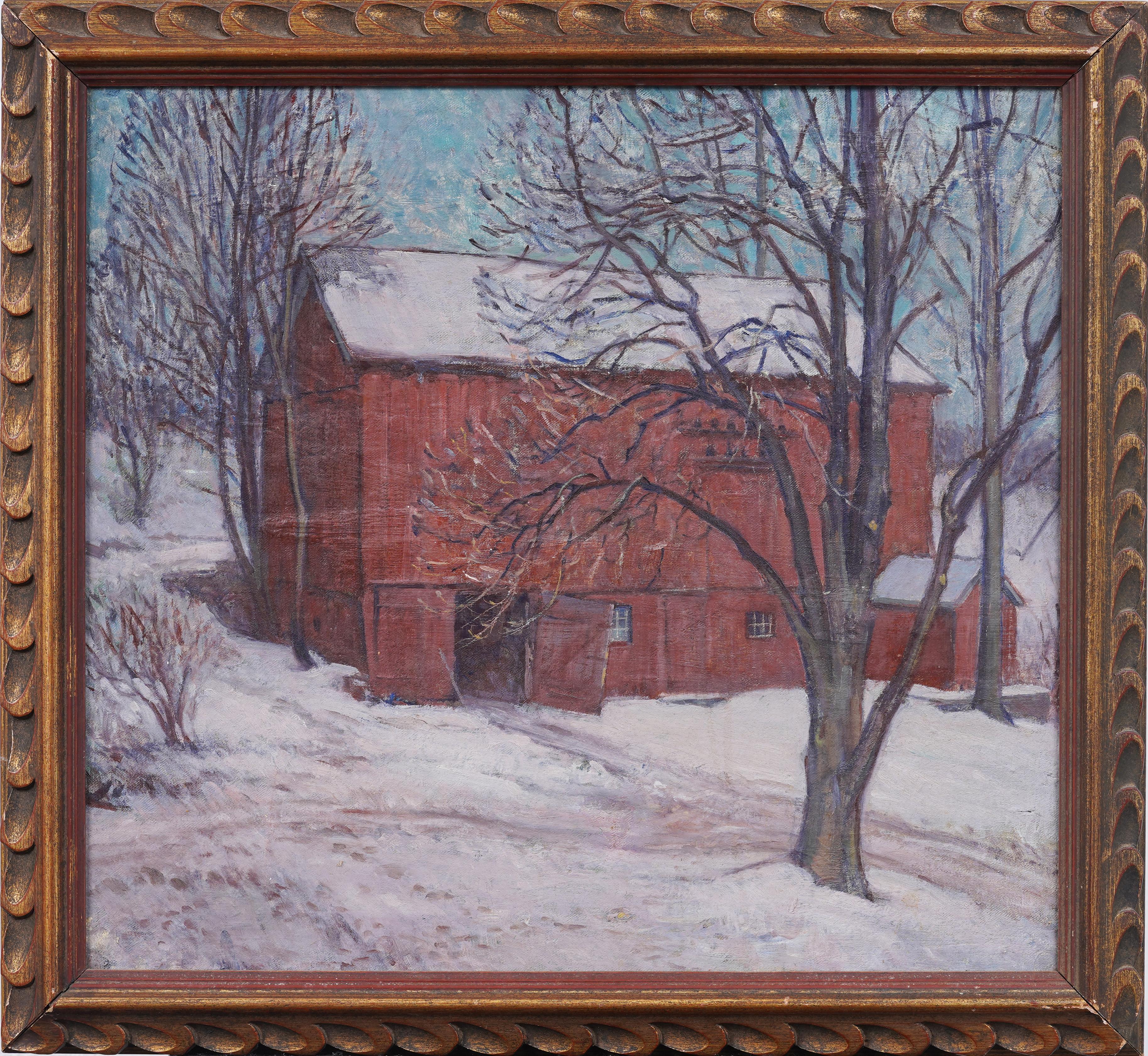 Antique American Impressionist Red Barn In Winter Framed Landscape Oil Painting