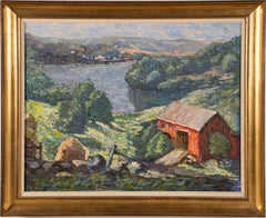 Antique American Impressionist River Valley Pointillist Landscape Oil Painting