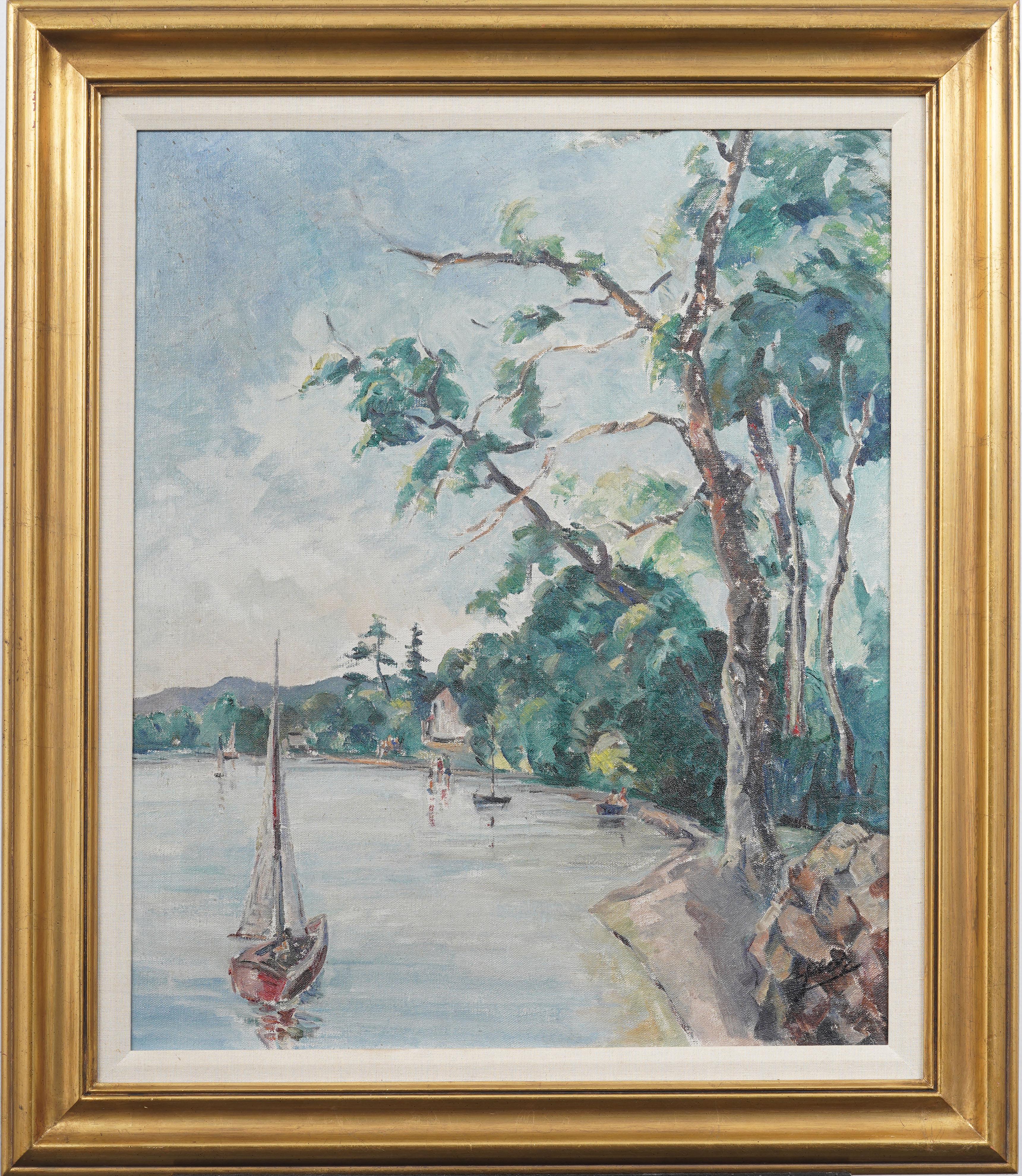 Antico dipinto a olio originale impressionista americano con barca a vela, incorniciato - Painting di Unknown