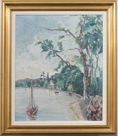 Antique American Impressionist Sailboat Seascape Framed Original Oil Painting