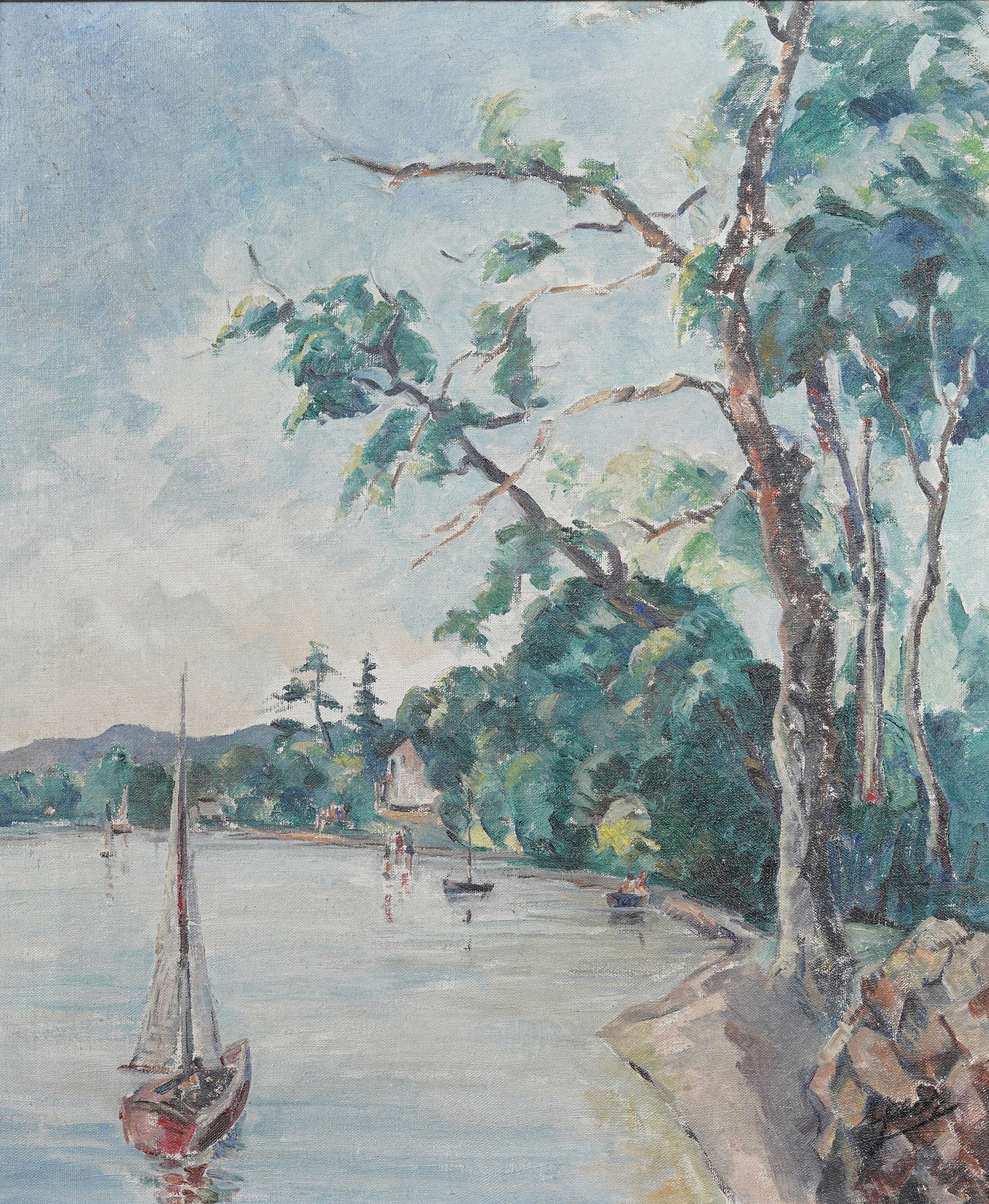 Antico dipinto a olio originale impressionista americano con barca a vela, incorniciato - Painting Impressionismo di Unknown