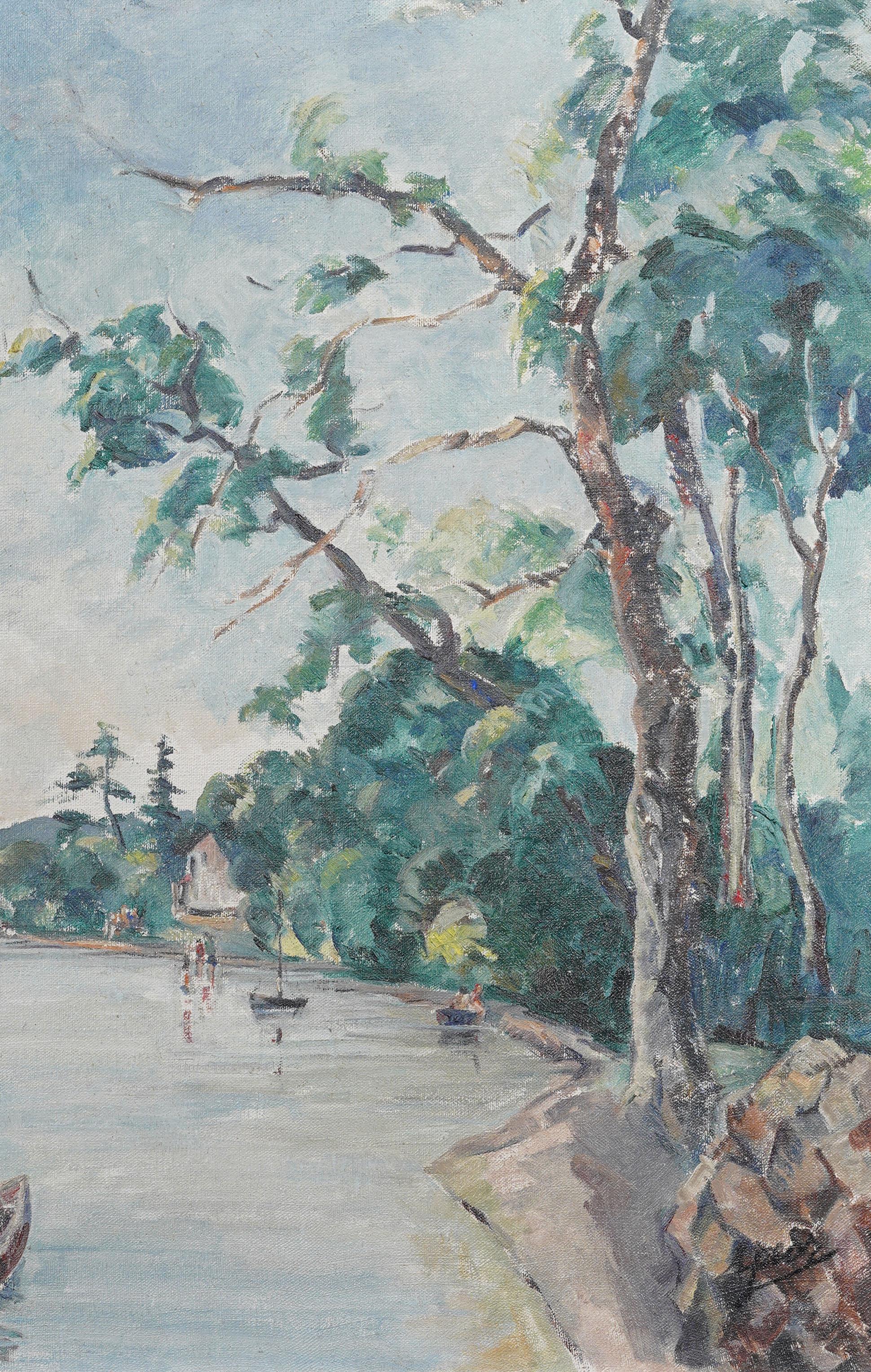 Antico dipinto a olio di paesaggio marino impressionista americano. Olio su tela. Incorniciato. Firmato.  Misure: 26 x 30 pollici in totale e 20 x 24 solo per il dipinto.  In eccellenti condizioni originali. Incorniciato in una splendida cornice di 