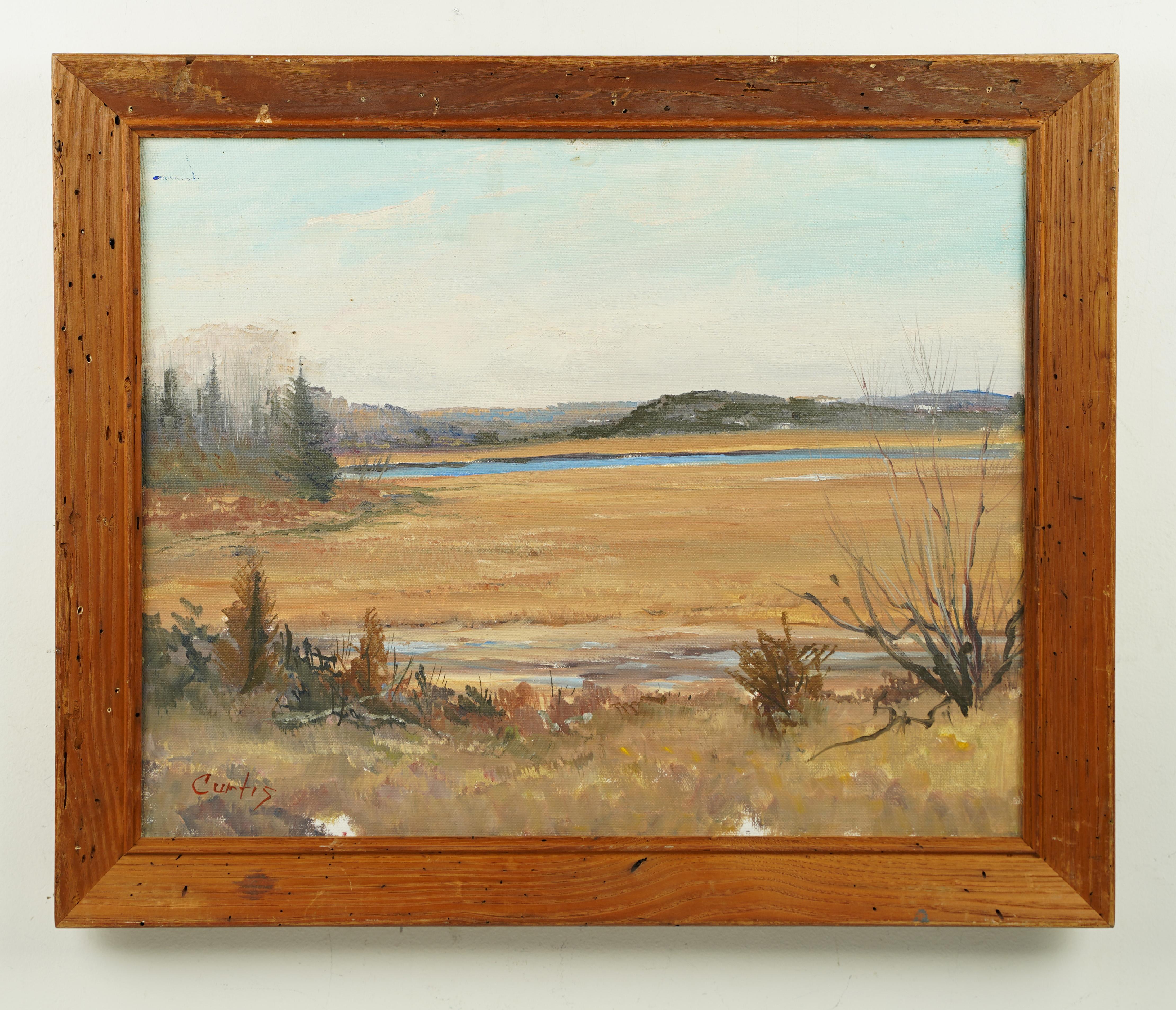 Antique American impressionist fall landscape oil painting.  Oil on canvas.  Signed.  Framed.  Image size, 20L x 16H.