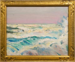 Antique American Impressionist Seascape Nicely Framed Sunset Crashing Waves