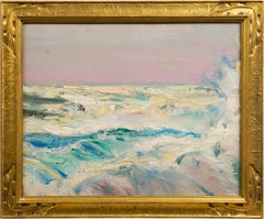 Antiquité Impressionniste Américain Seascape Nicely Framed Sunset Crashing Waves (en anglais)