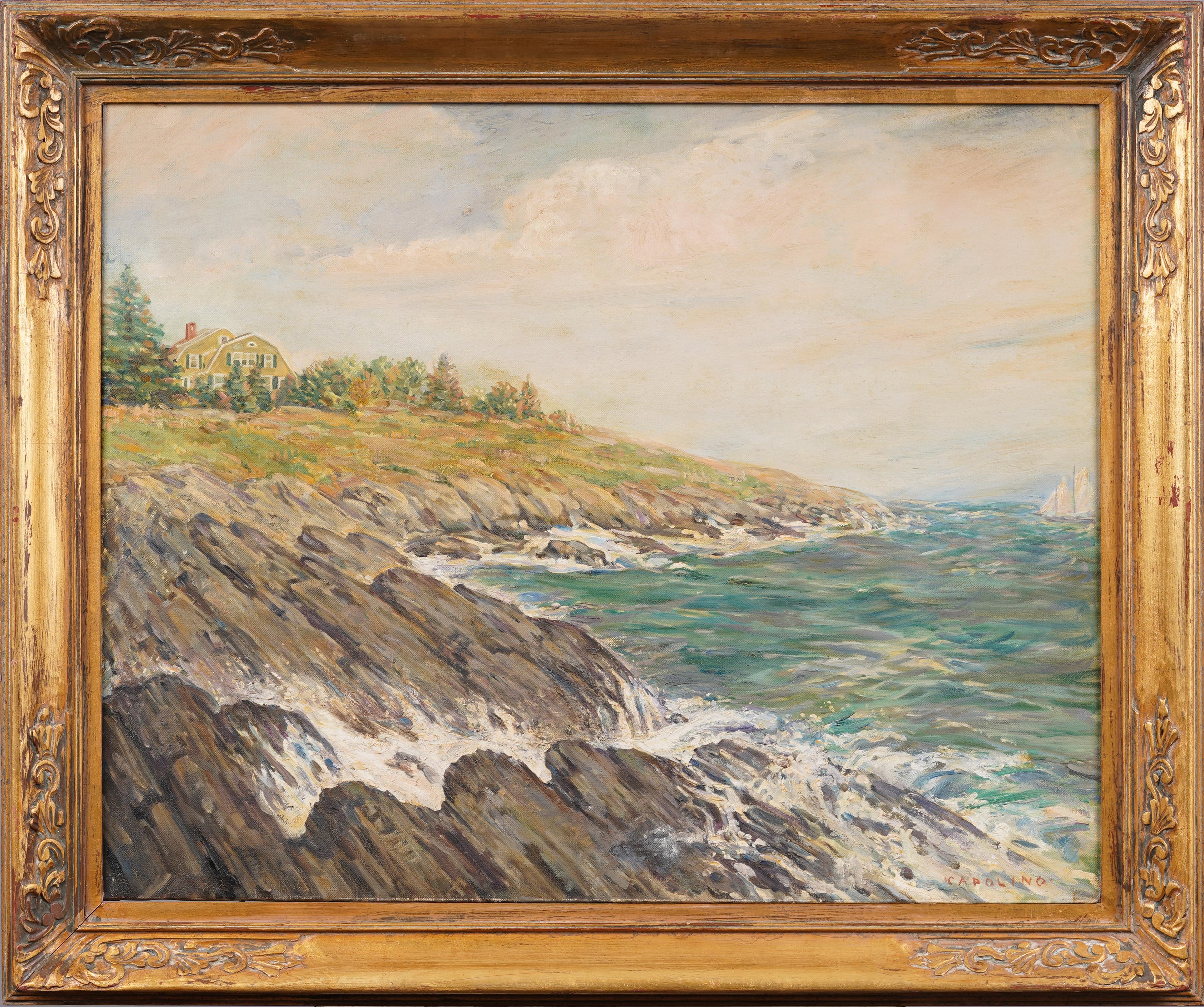 Antique American Impressionist Signed Coastal Seascape Wide Gold Framed Painting - Brown Landscape Painting by Unknown