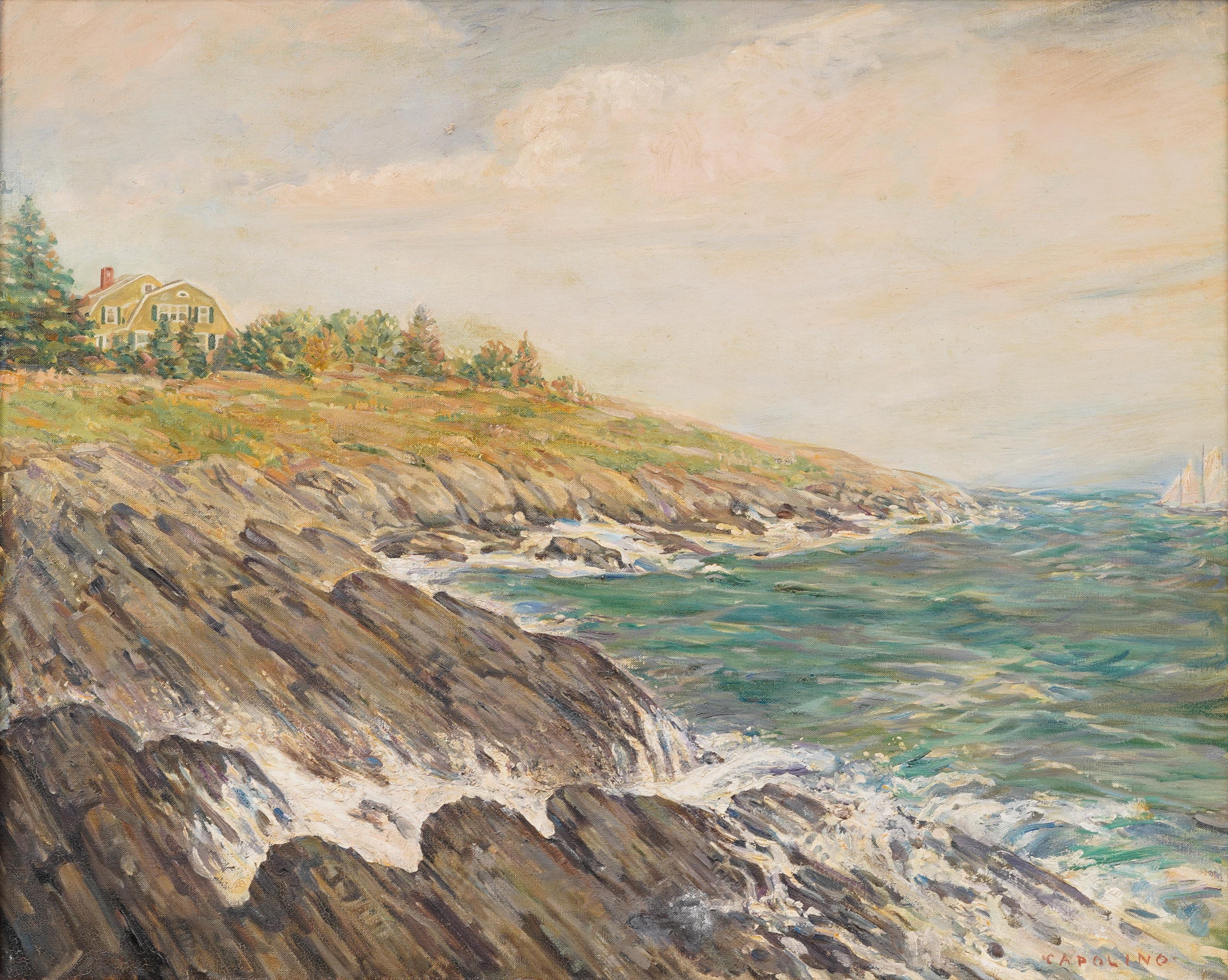 Antique American impressionist coastal seascape oil painting. Oil on canvas. Signed. Framed. Measuring 30 by 36 inches overall and 24 by 30 painting alone. 