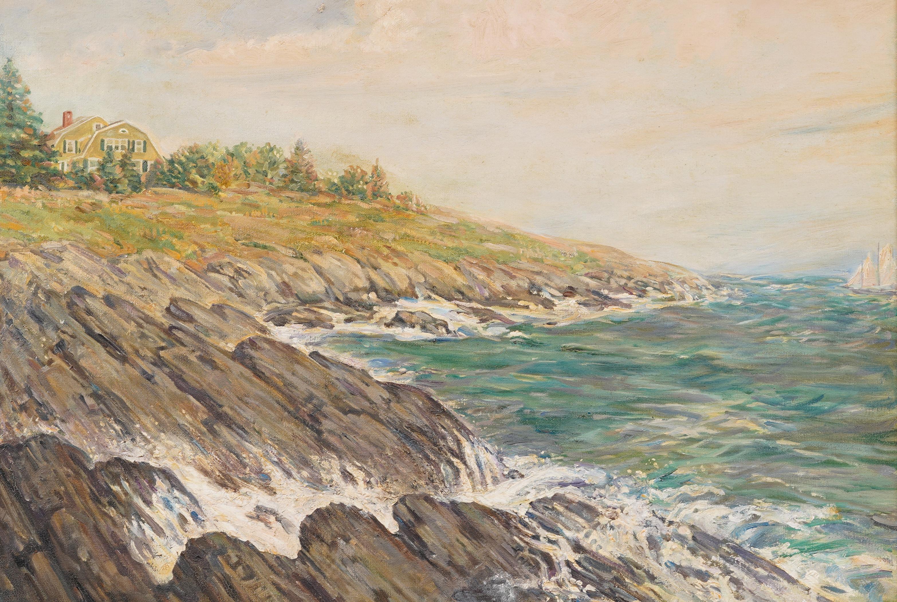 Antique American Impressionist Signed Coastal Seascape Wide Gold Framed Painting For Sale 1