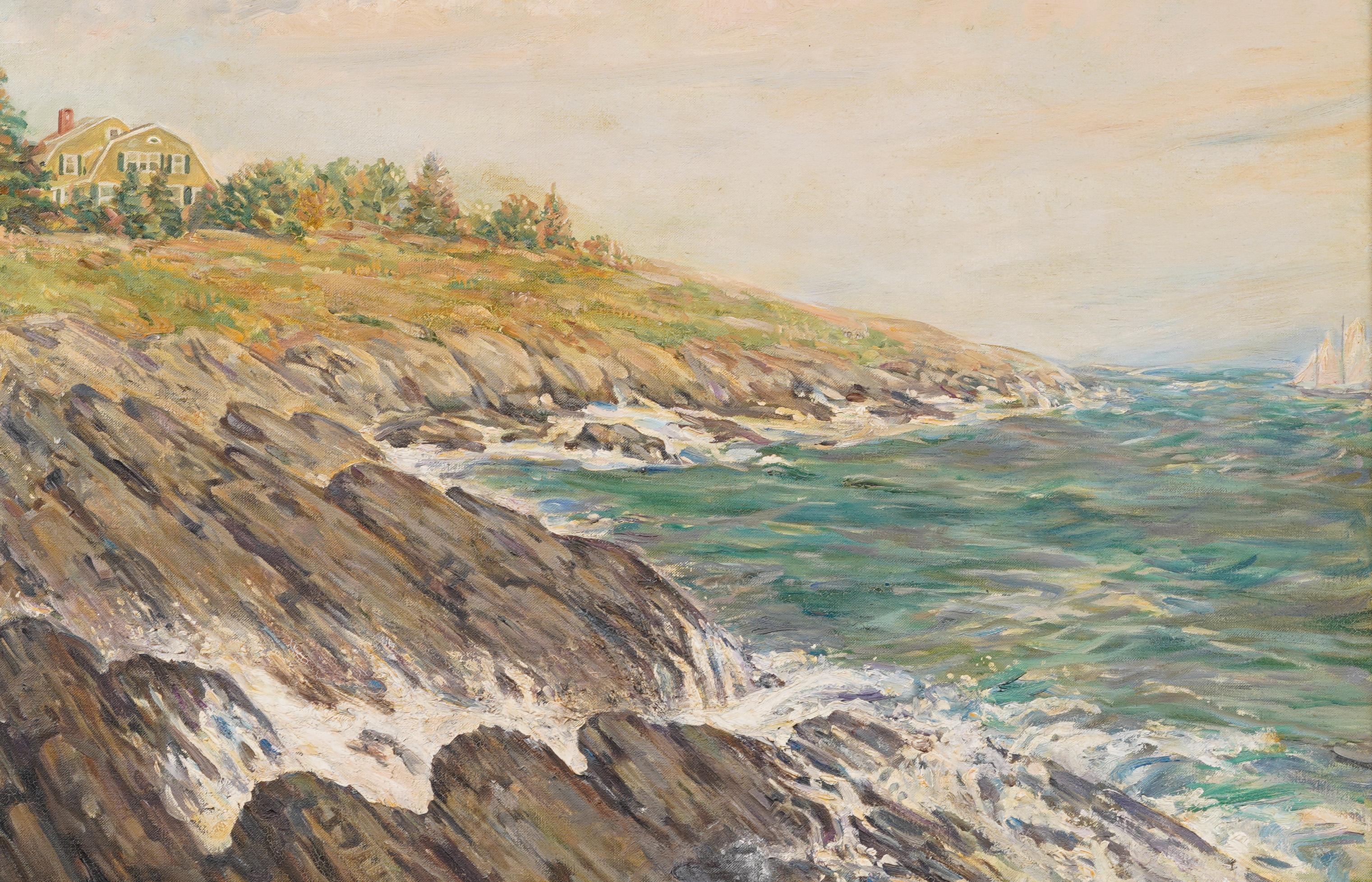Antique American Impressionist Signed Coastal Seascape Wide Gold Framed Painting For Sale 2