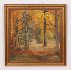 Antico dipinto a olio su tela dell'impressionista americano, con firma Fall Forest Interior, incorniciato