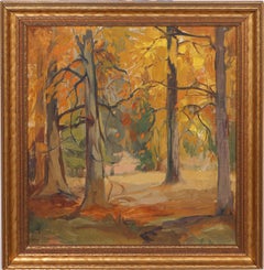 Peinture impressionniste américaine ancienne signée Fall Forest Interior Encadrée