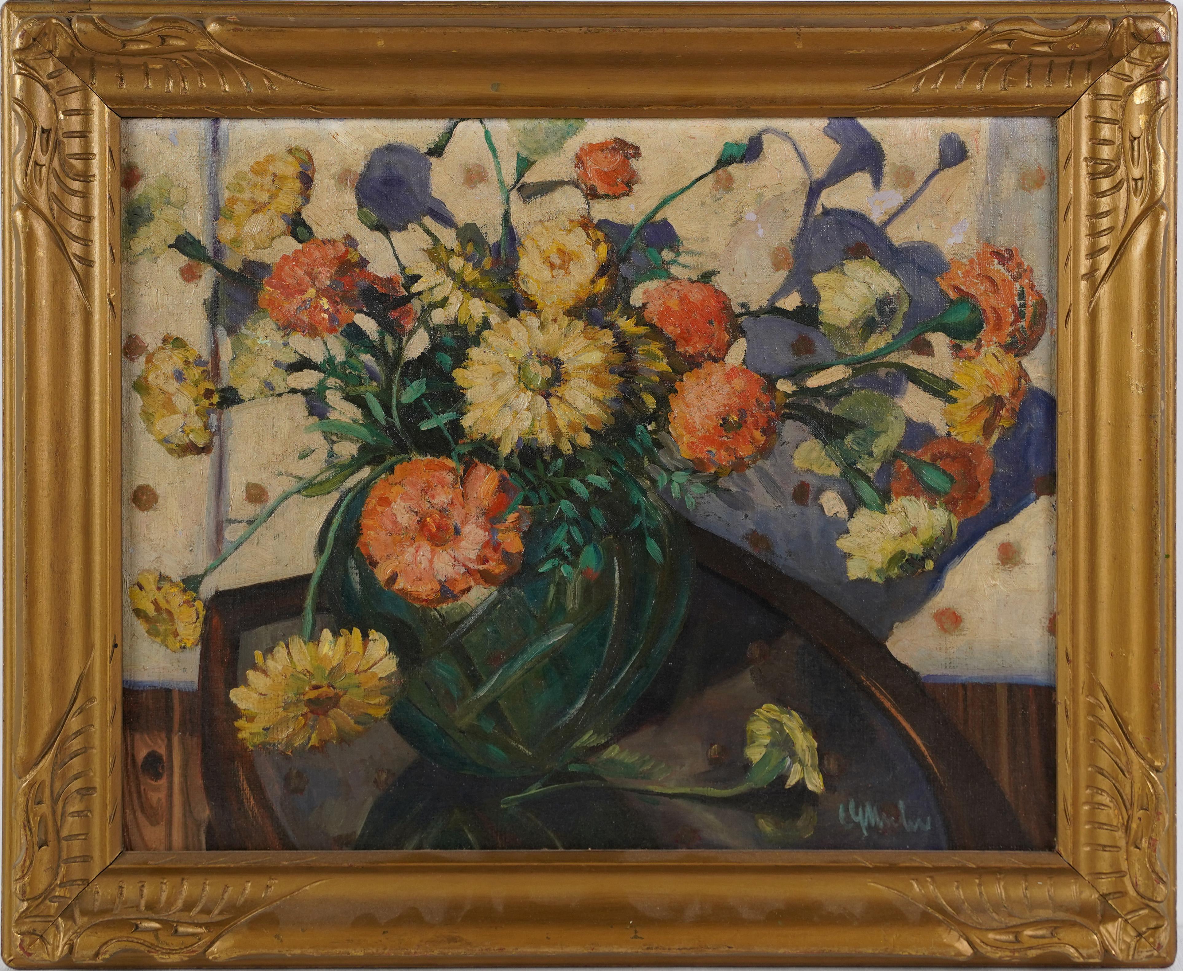 Antique American Impressionist Signed Flower Still Life Oil Painting Great Frame - Brown Still-Life Painting by Unknown