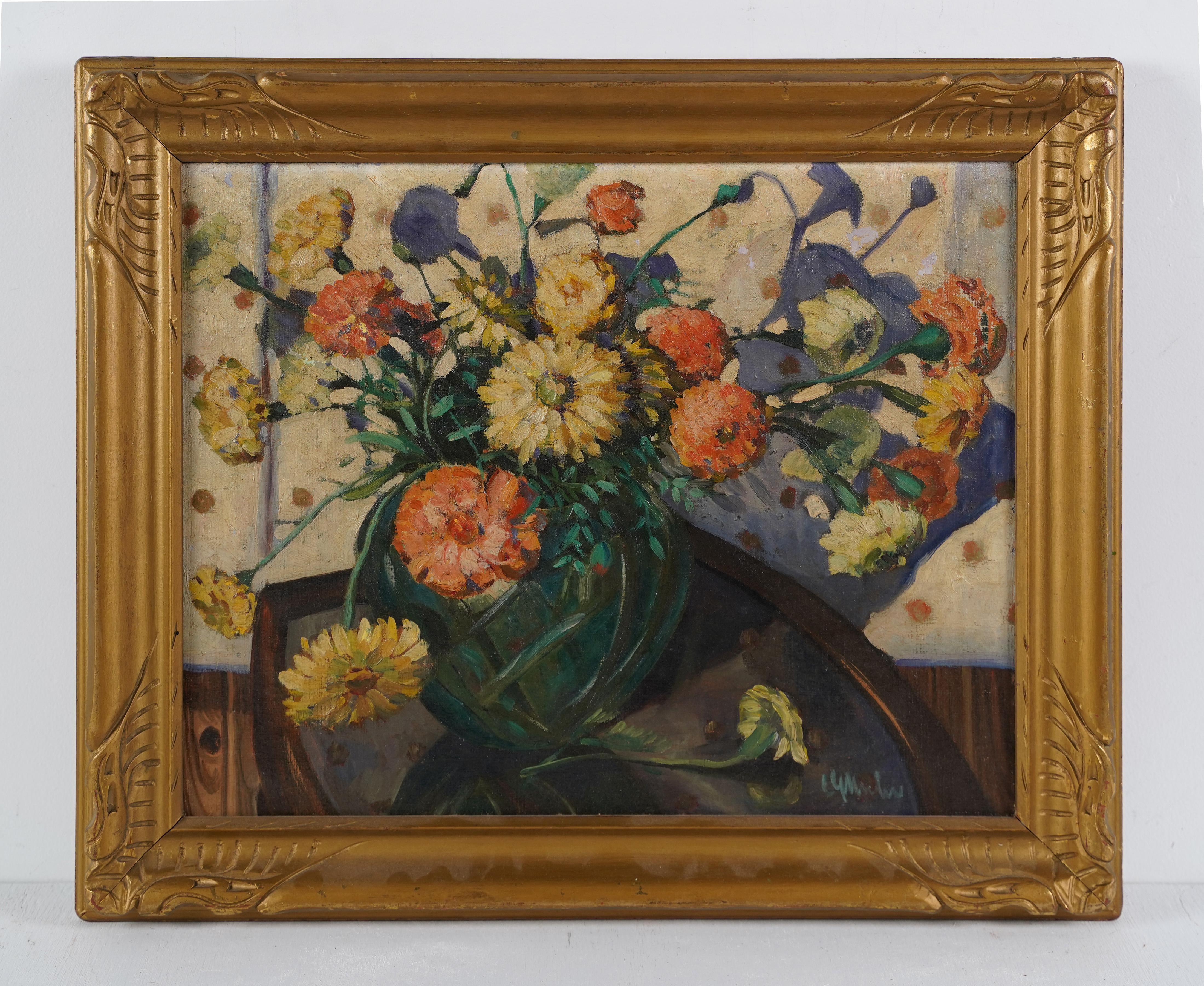Antiguo cuadro al óleo impresionista americano firmado Bodegón de flores Gran marco - Painting Impresionista de Unknown