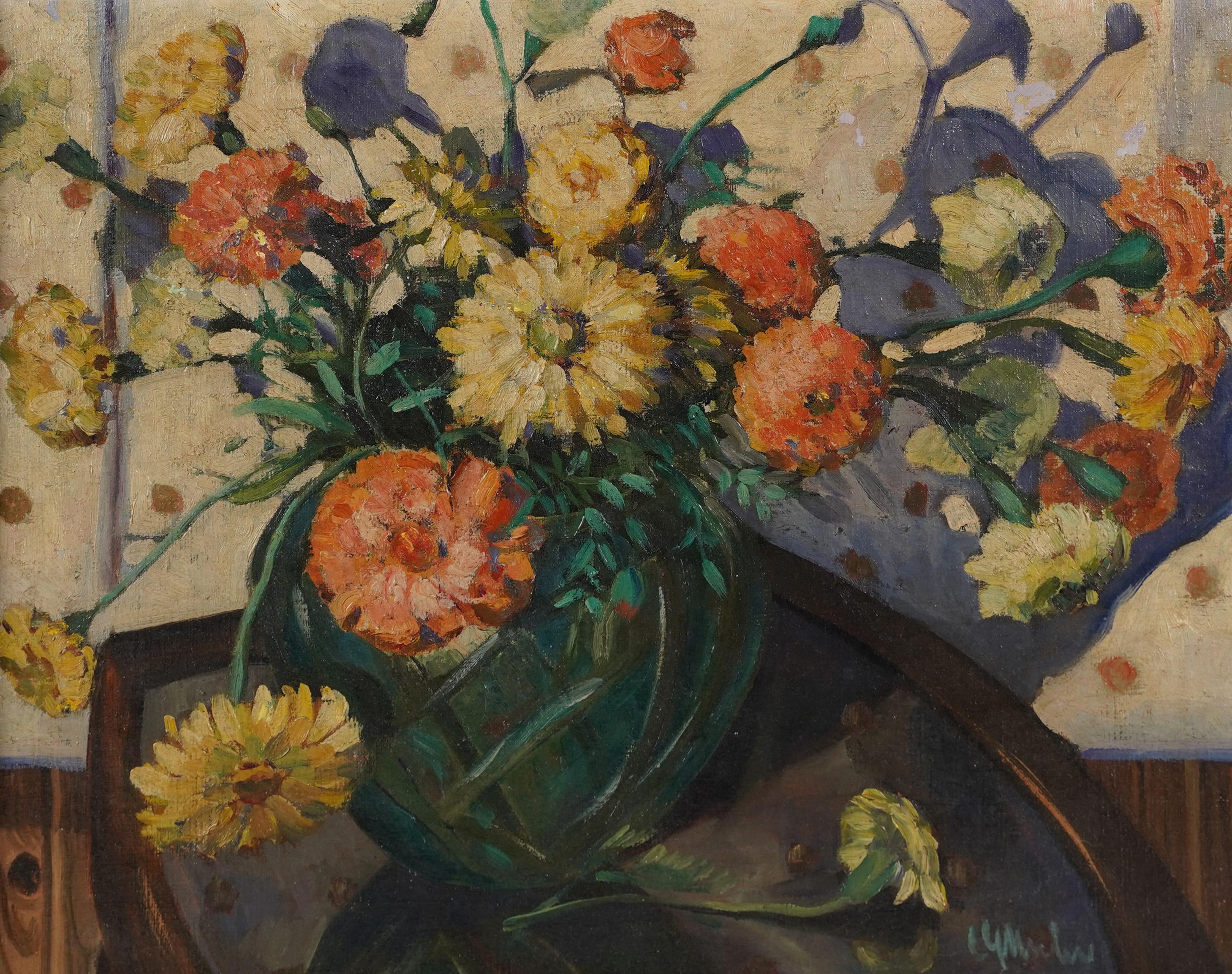 Antiguo cuadro al óleo impresionista americano firmado Bodegón de flores Gran marco - Still-Life Painting Marrón de Unknown