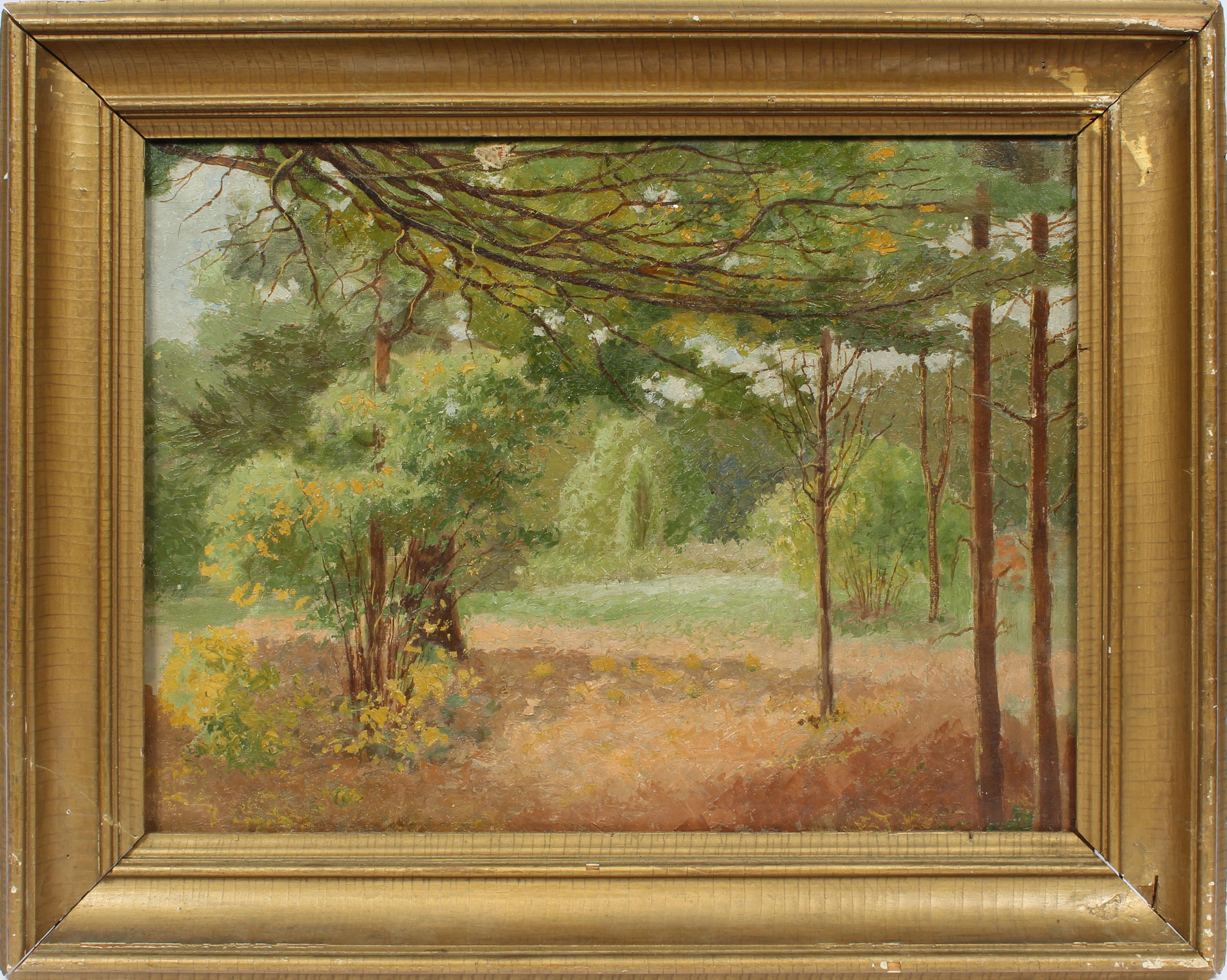Antique American Impressionist Signed Forest Interior Landscape NY Oil Painting