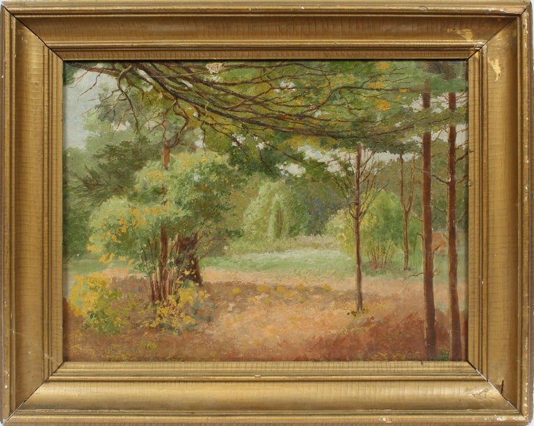 Unknown Landscape Painting - Antique American Impressionist Signed Forest Interior Landscape NY Oil Painting