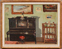Antiguo cuadro al óleo impresionista americano firmado Escena interior trampantojo