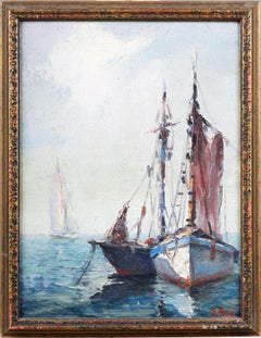 Antique American Impressionist Signed Sailboat Seascape Framed Oil Painting