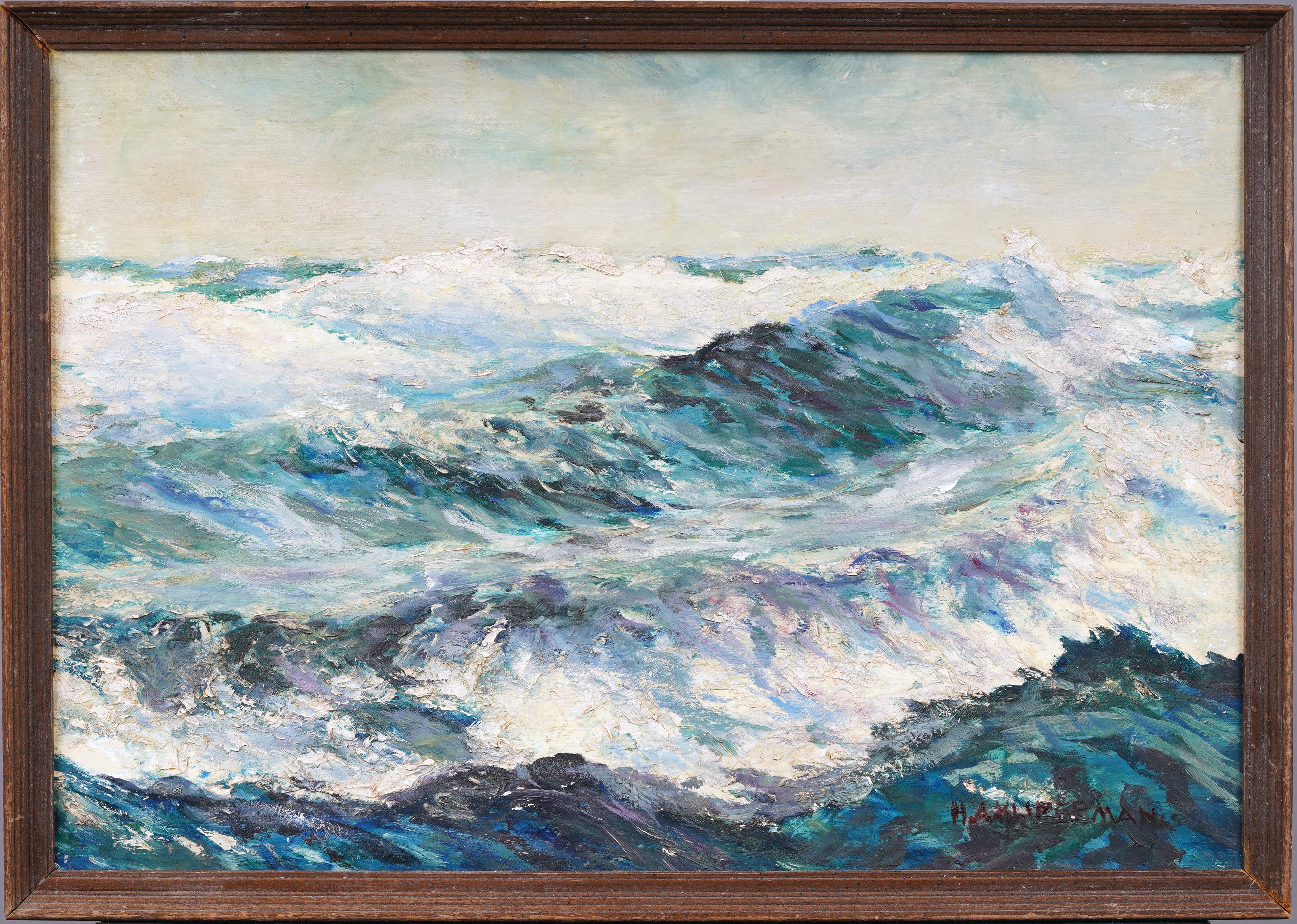 Antiguo cuadro al óleo original firmado por un impresionista americano Paisaje marino Enmarcado - Painting de Unknown